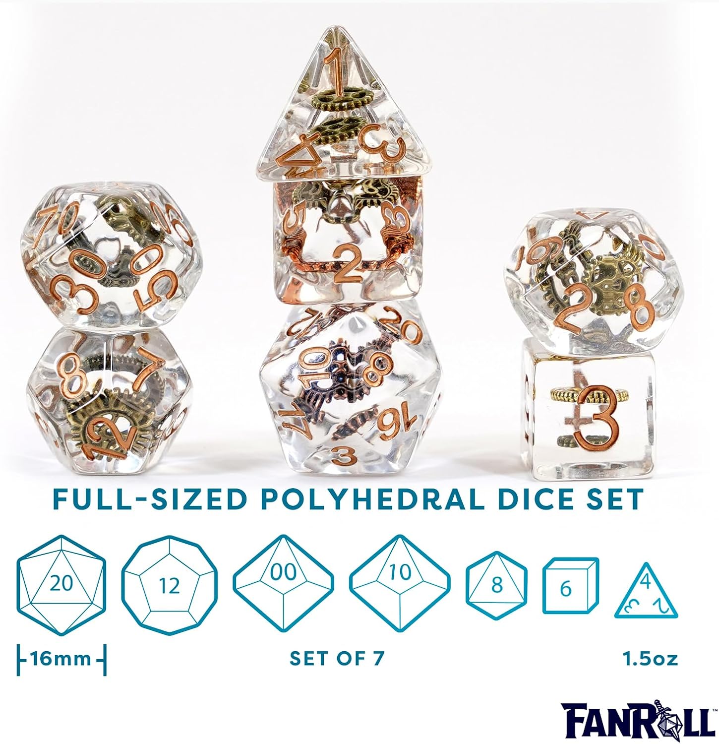 16mm Resin Poly Dice Set: Gear Dice (7)