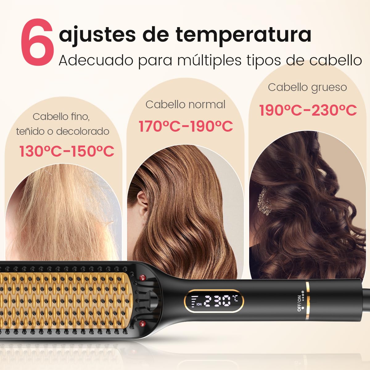 Cepillo Alisador Pelo, 42 mm de Peine Alisador de Cabello, Com Iões negativos, 6 Temperaturas, 130°C-230°C, Pantalla LED，Creación rápida de cabello suave y liso