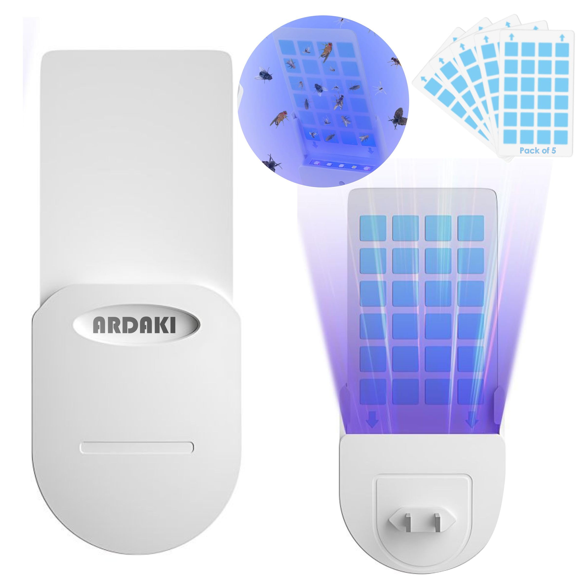 ARDAKI Mosquito Killer Lamp Repellents Insect Killer Flying Trapper Plug-In, No Smells Silent & Safe Insect Catcher For Fruit Flies, Moths, Bug Zapper UV Light Atrractant Trap (1Device+5 Refill Cards)