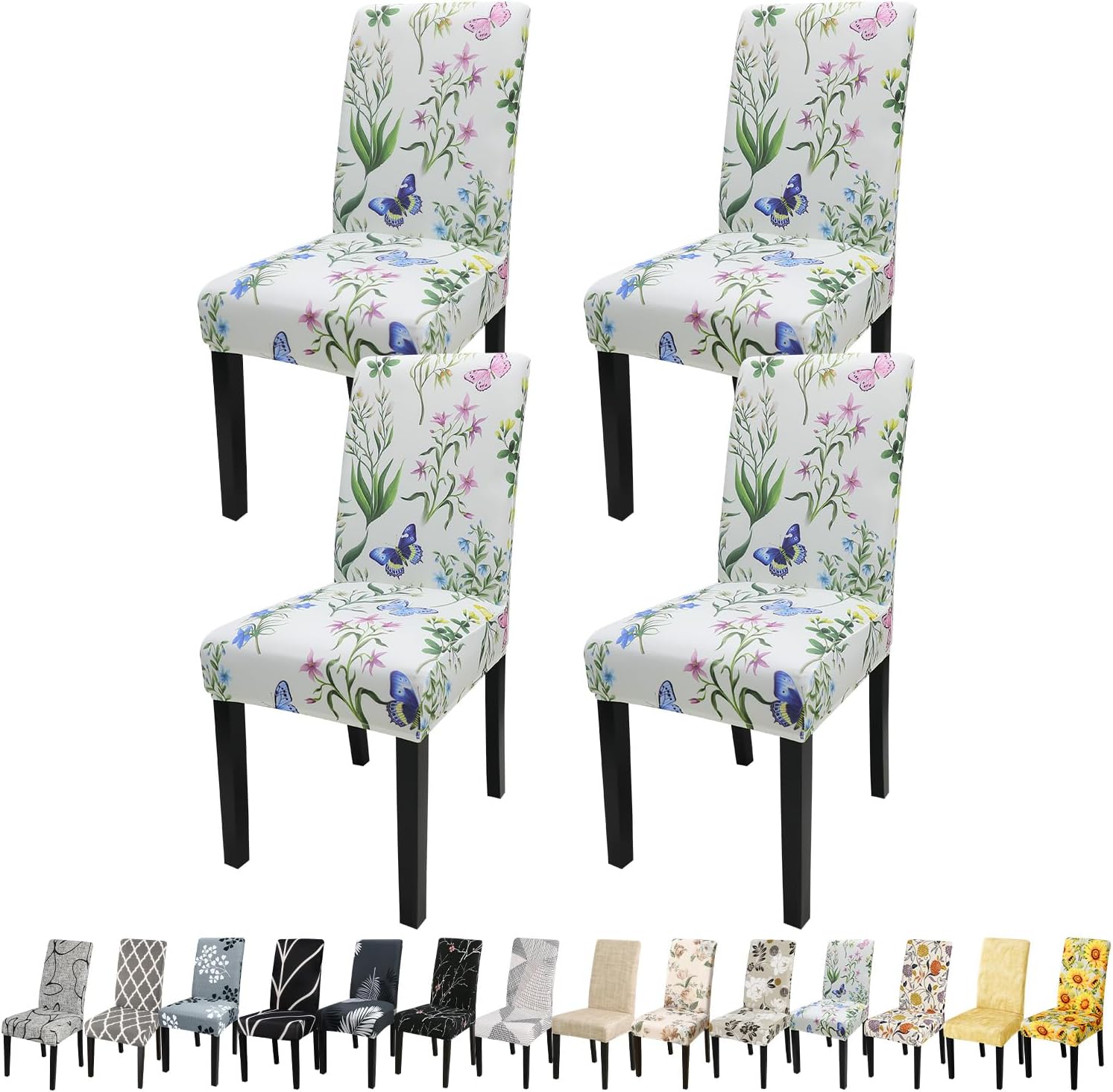 JQinHome Pattern Chair Covers for Dining Room Set of 4, High Stretch Removable Washable Parsons Chair Slipcover for Home Party Hotel Wedding Ceremony (Flowering Butterflies,4PCS) Pack of 4 C017 Butterflies