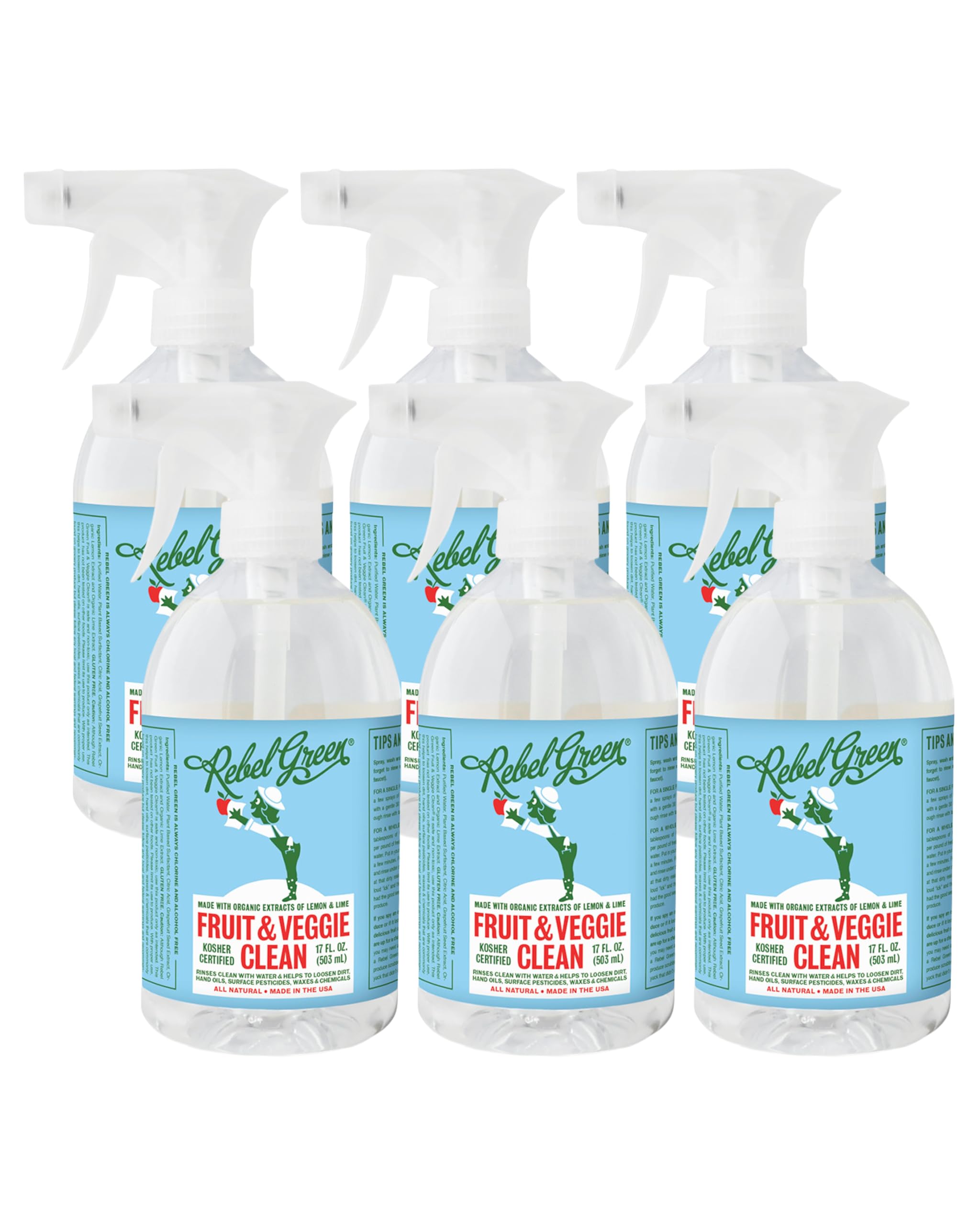 Rebel Green Fruit & Veggie Clean - Plant-Based Produce Cleaner - Natural Fruit and Vegetable Wash with No Aftertaste - Chemical & Wax Removal - Made with Organic Extracts of Citrus - 6 Pack 17 FL OZ