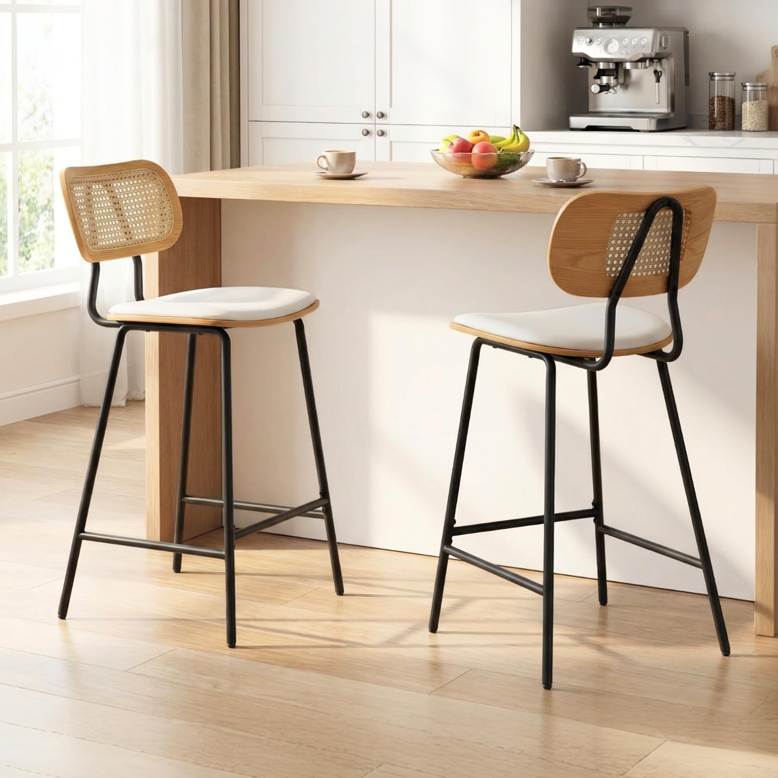 chairus Set of 2 PU Leather Bar Stools Kitchen Counter Stools with Rattan Back Armless Islands Bar Chairs Living Room (White)
