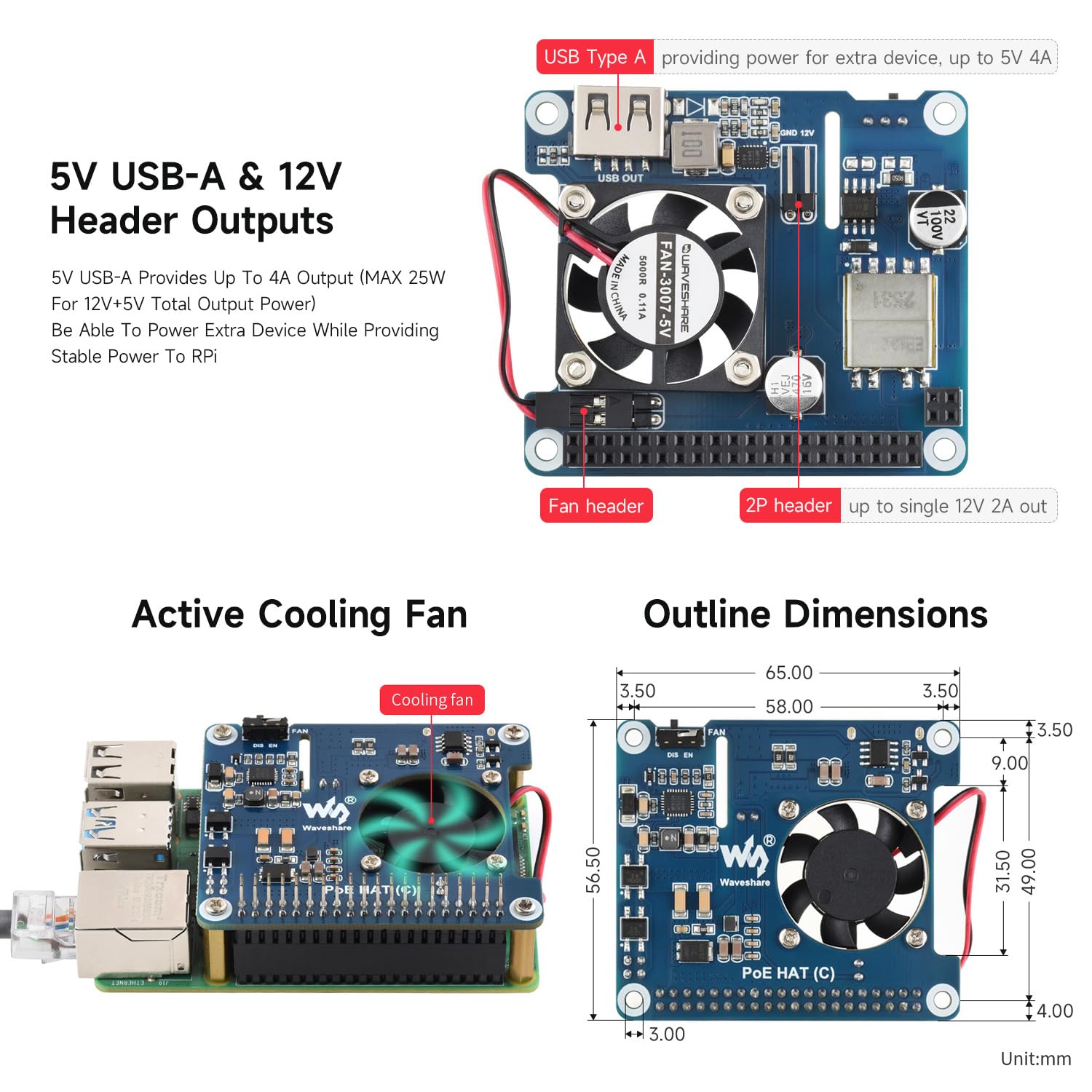 Waveshare PoE Hat (C) For Raspberry Pi 3B+/4B, 802.3af/at Power-Sourcing Equipment Required