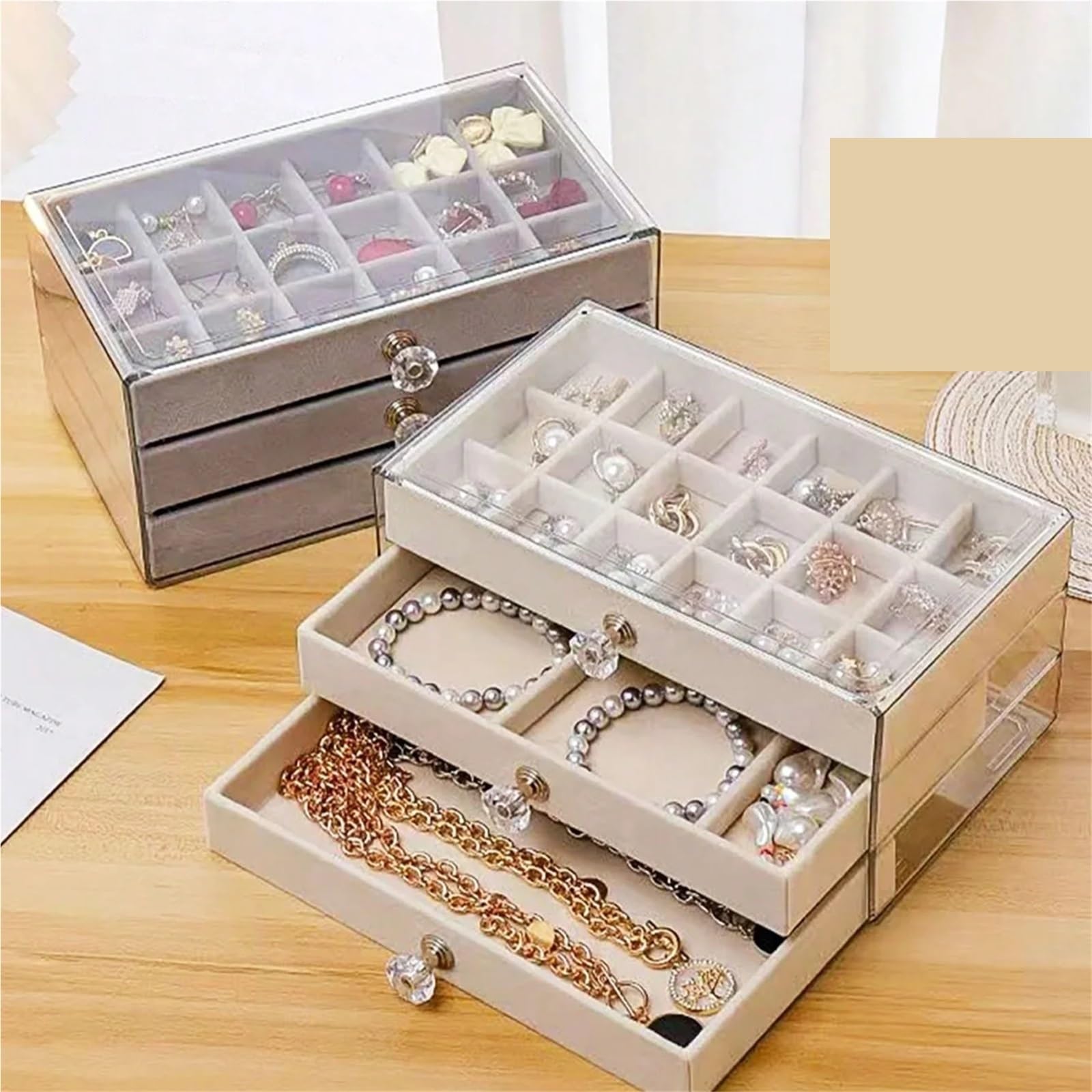Caja Para Joyas Cajón de plástico transparente y terciopelo 3 capas, caja almacenamiento joyas, mesa exhibición con mango en forma cristal elegante, 1 ud(Beige)