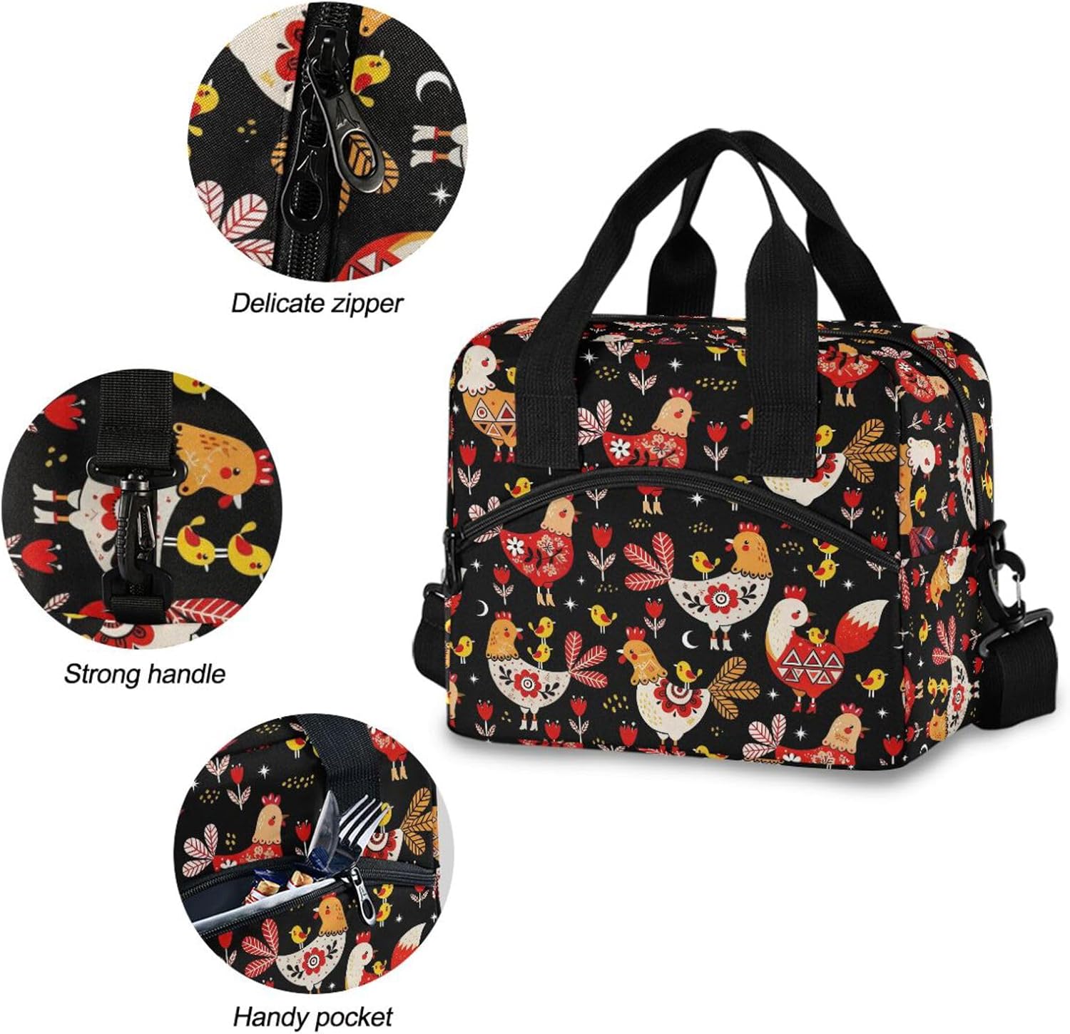 Rooster and Chickens Insulated Lunch Bag for Women Men Reusable Water-resistant Lunch Tote Bag Lunch Box Cooler Bag for School Work Picnic