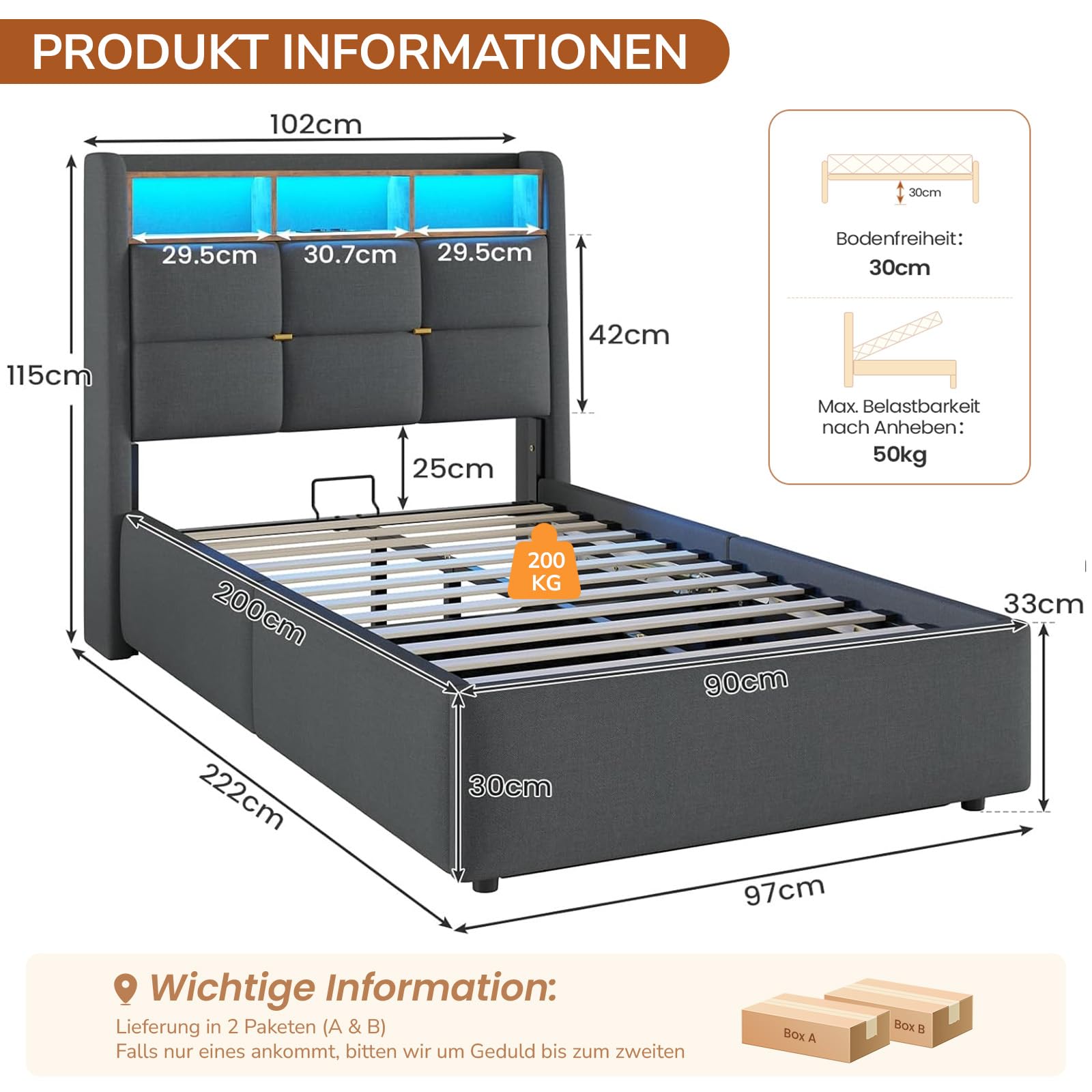 DICTAC - Cama matrimonial acolchada 90x200 con iluminación LED y barra de enchufes, cama individual para jóvenes 90x200 con somier de láminas, estructura de cama para adultos con espacio de