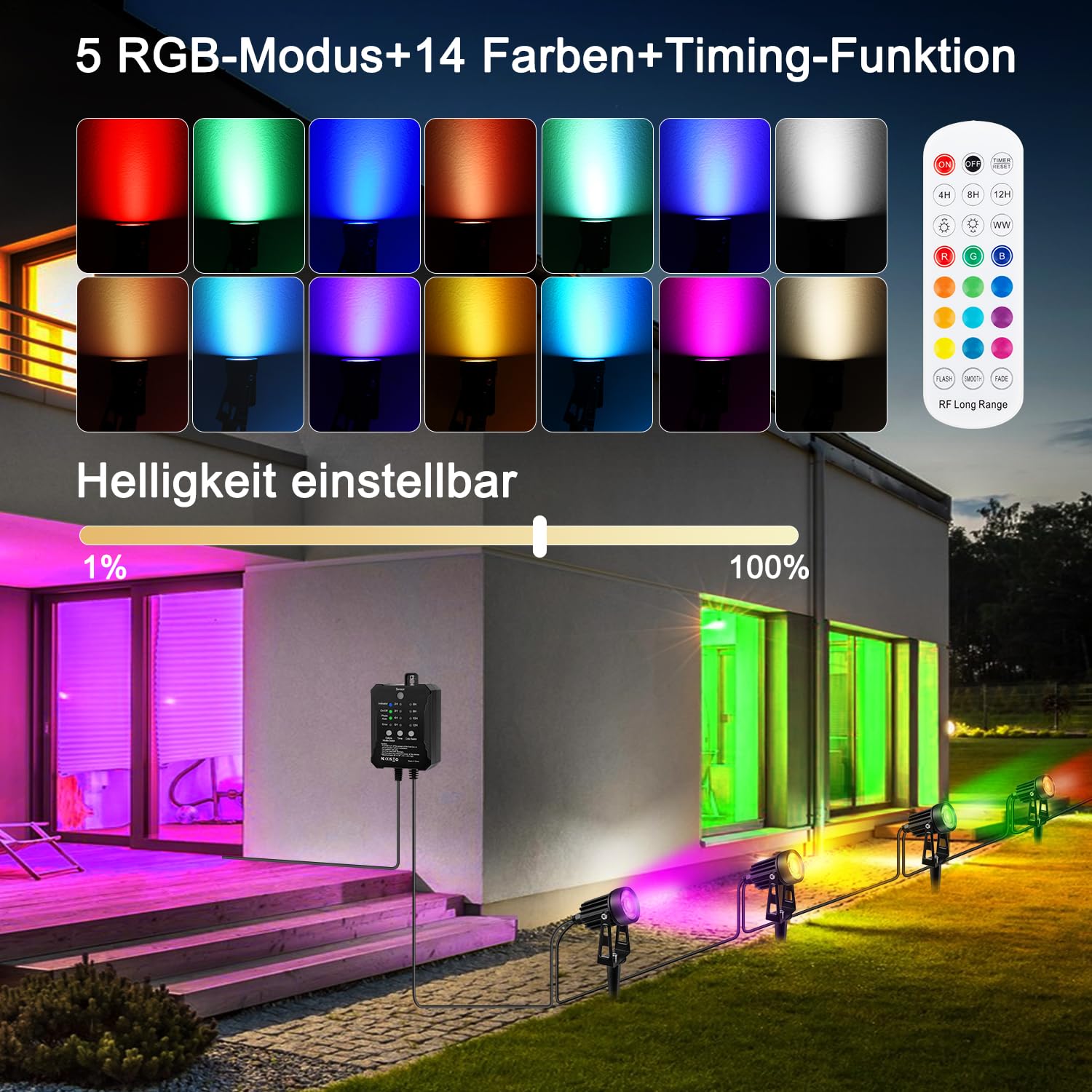 Illuminazione da giardino RGB a LED per esterni con telecomando, timer, corrente, faretti da giardino 3W dimmerabili, 8 pezzi, IP65 impermeabile e funzione sensore per esterni, giardino