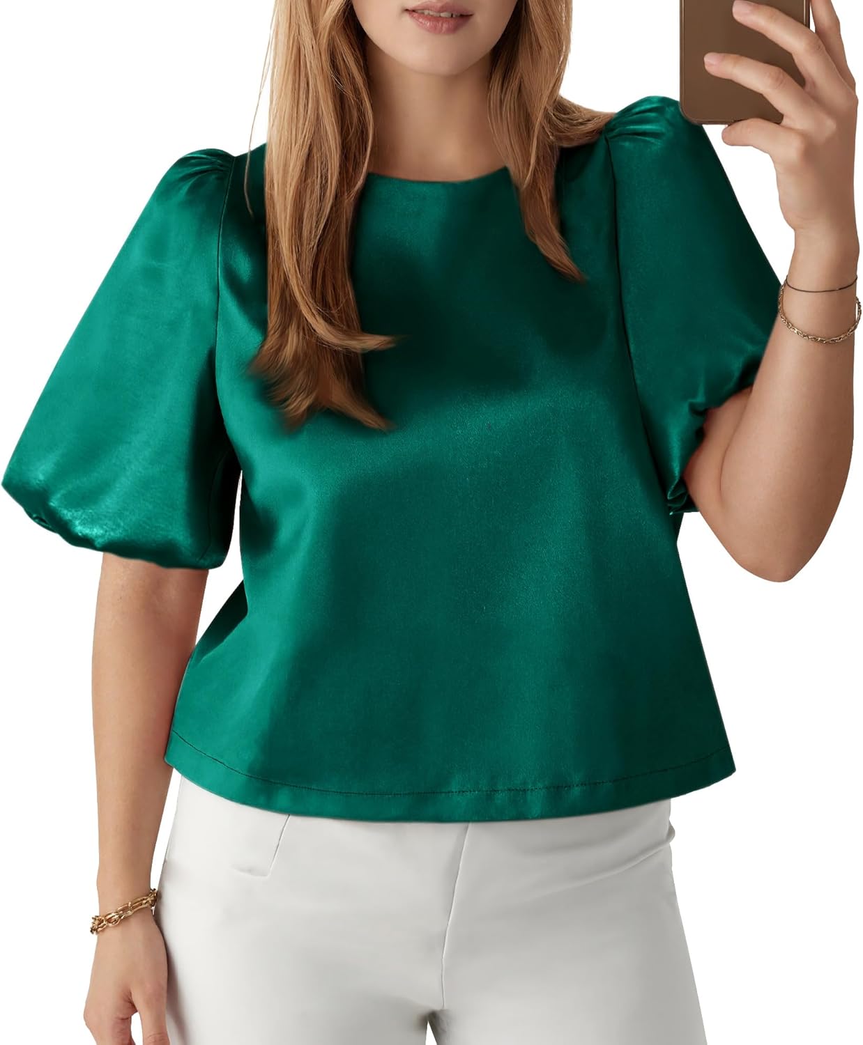 Tankaneo Womens Satin Silk Blouses Puff Short Sleeve Dressy Casual Tops Loose Fit Crew Neck Cropped Shirts