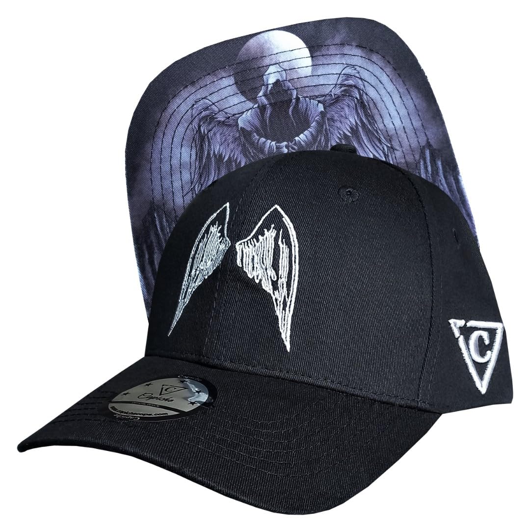 Capiche [99+ Variations] Black Baseball Hat for Men, Grim Reaper Curved, Wings Hat, Angels Death, Soul Cap, Gothic Style Graveyard Artwork