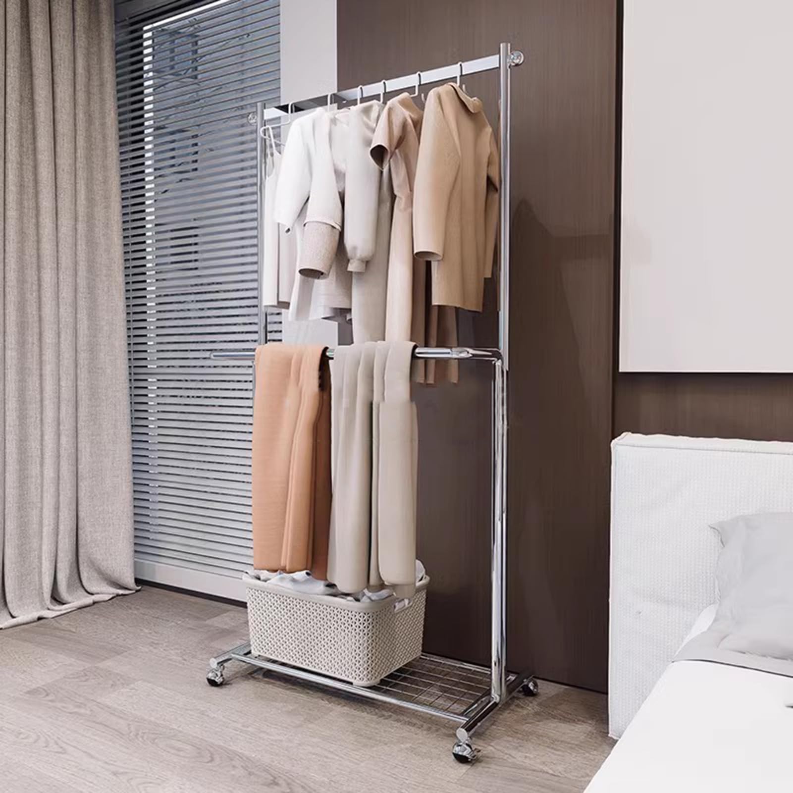 Stand Appendiabiti Porta Abiti A Doppia Asta Con Ruote, Appendiabiti In Acciaio Inox Argento Con Ripiani, Organizador De Armario Portátil Para Dormitorio Y Sala De Estar, Attaccapan(Size:120X40X170CM)