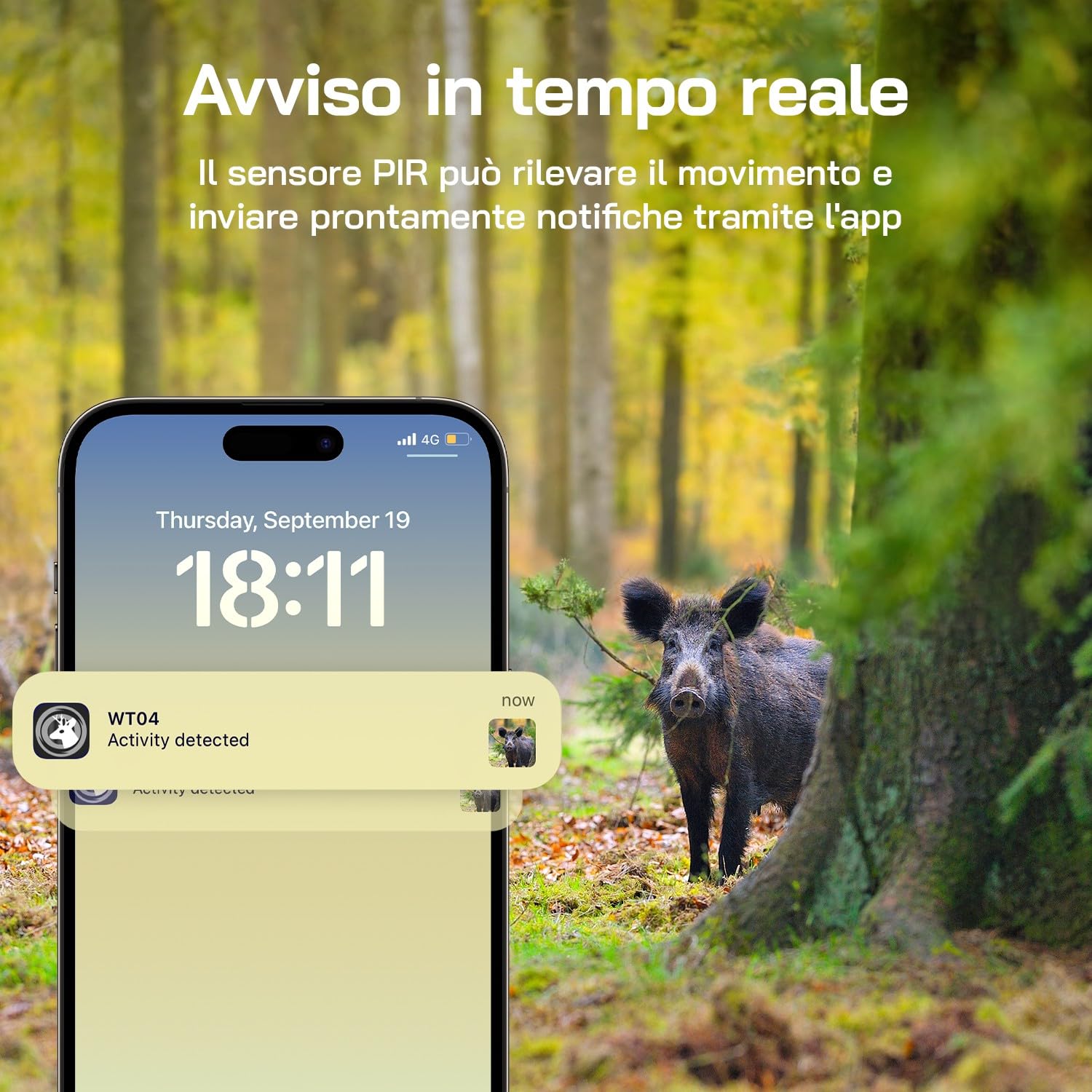 WOLFANG Fototrappola, 4G LTE Fototrappola Solare 2.5K con Scheda SIM Preinstallato e SD, Fotocamera con Allarme, Visione Notturna, Angolo 120° 82ft, Tempo di Scatto 0,2s, IP66 Impermeabile