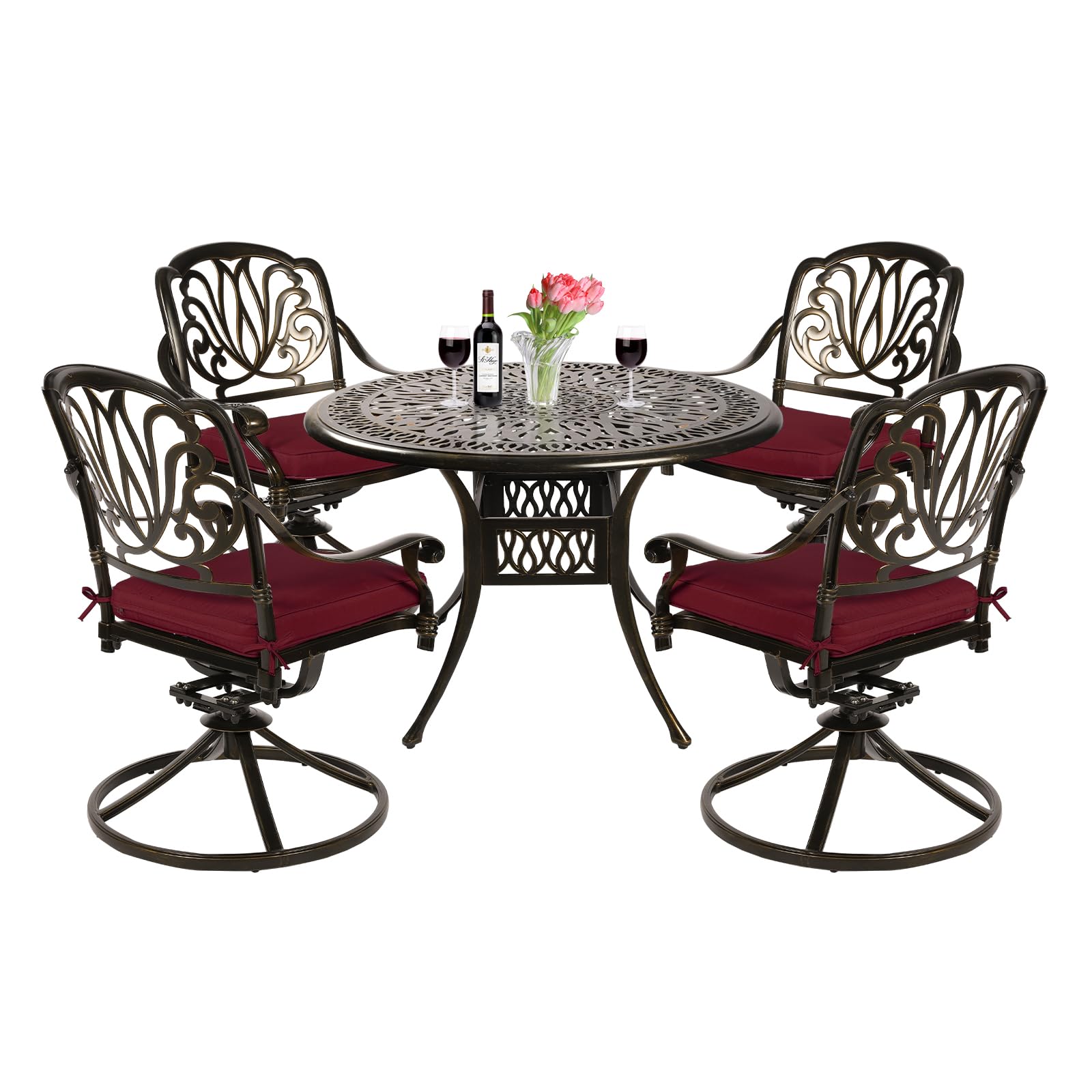 VIVIJASON 5-Piece Outdoor Patio Dining Set, All-Weather Cast Aluminum Conversation Set, Patio Furniture Set, Include 4 Swivel Dining Chairs, a 35.4"