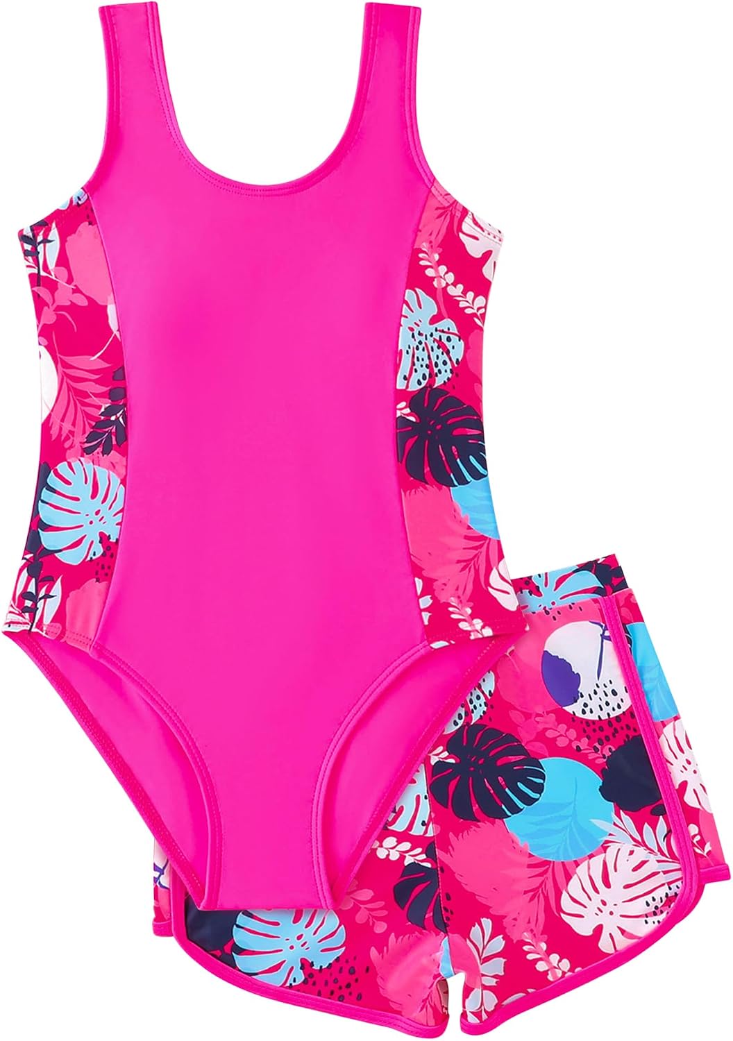 Girls One Piece Swimsuit with Shorts Sleeveless Stretchy Swimwear Sun Protection Padded Bathing Suit 5-14 Years