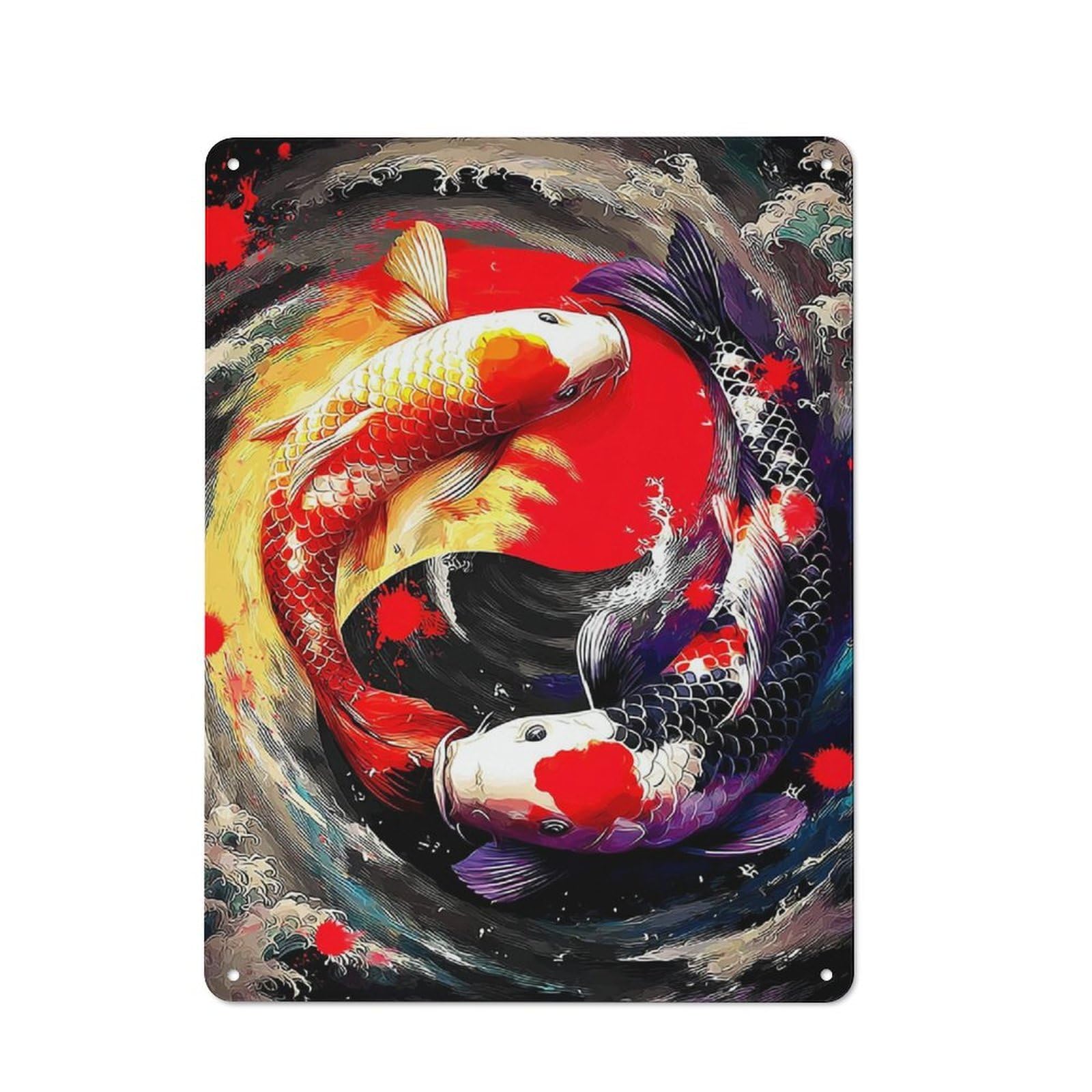 Junmoney Koi Fish Yin Yang Artwork Tin Wall Plaque 40X30cm With For Hallway Wall, With Clear Retro Wall Decor Character