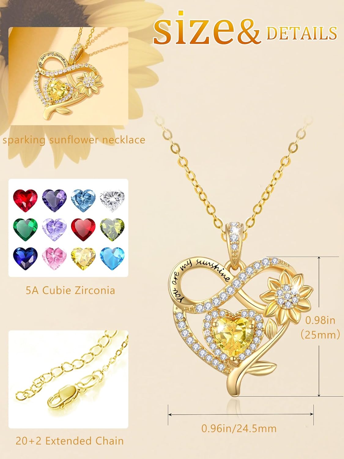 14K Gold Sunflower Heart Valentines Necklace for Women, You Are My Sunshine Jewelry with Birthstone Pendant.Valentines Anniversary Birthday Gifts for Her Wife Mom Grandma Daughter - Image 6