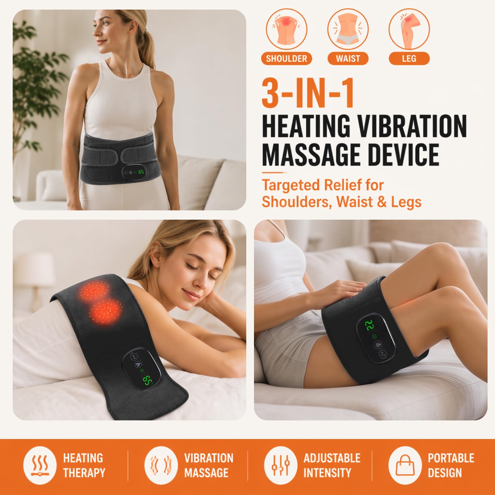 Wärmegürtel Rücken 152cm, Heizkissen mit Abschaltautomatik, Thermacare Rücken mit 3 Massage- und 3 Temperaturstufen(45°-55°-65°), Heizkissen Kabellos mit 5000mAh Akku (Schwarz)