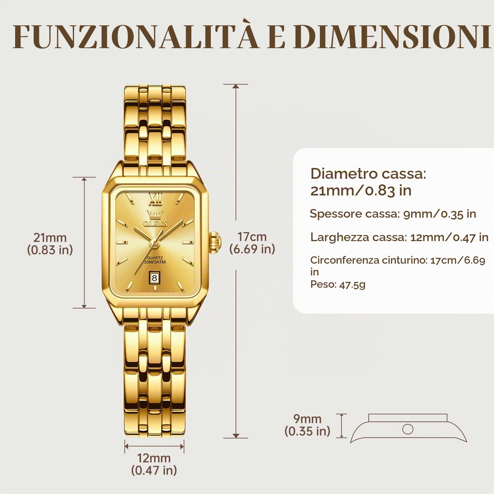 OLEVS Oro Orologio Donna Acciaio Inox Lusso Piccolo Orologio da Polso Donna Casual Fashion Rettangolare Analogico Quarzo Orologio Impermeabile Donna Elegante Regalo Donna