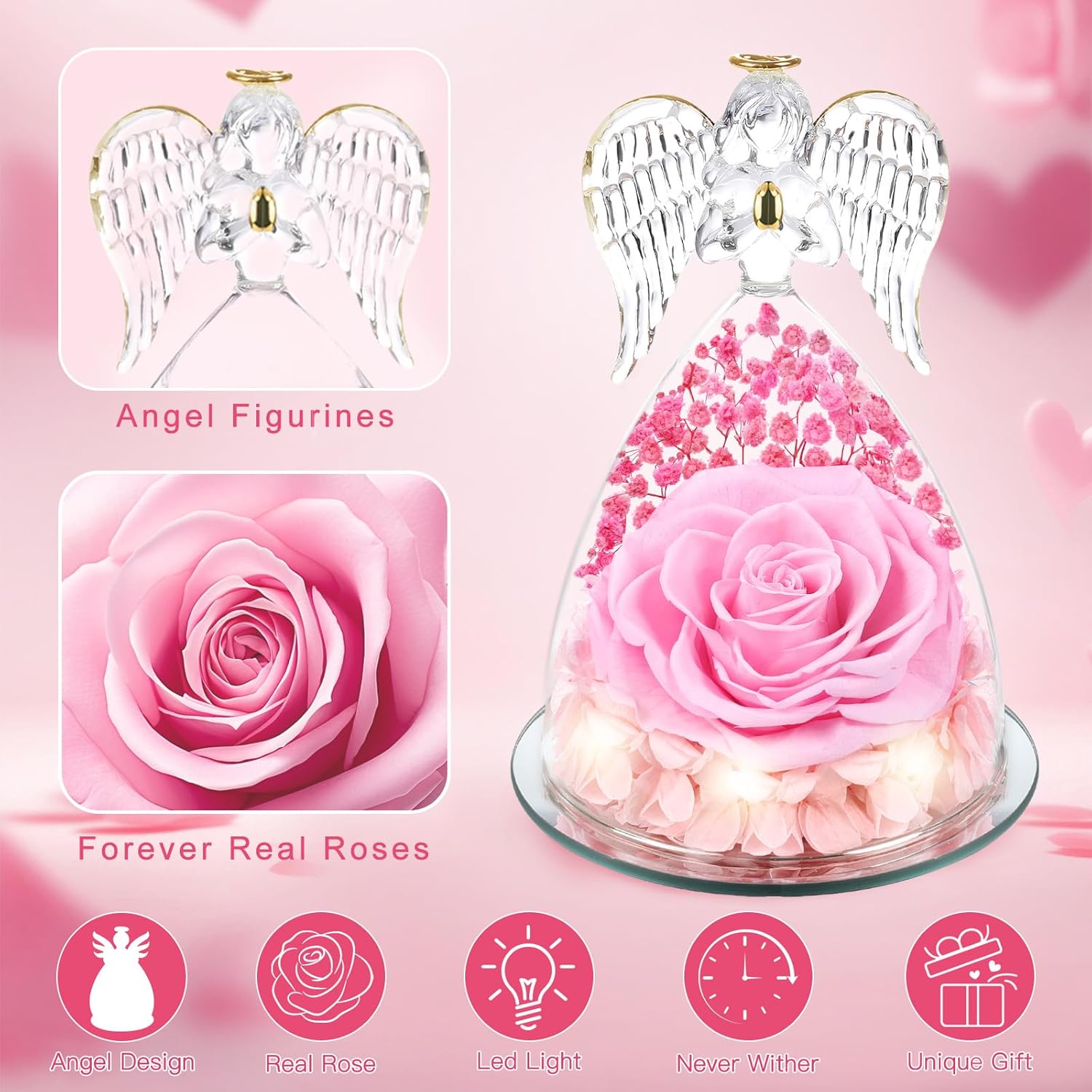 Valentines Day Rose Gifts for Her Women Mom Birthday Flowers for Delivery Preserved Flowers Forever Eternal Rose in Glass Angel Figurine, Valentine Gifts for Women Her Daughter Wife Girlfriend, Pink - Image 8