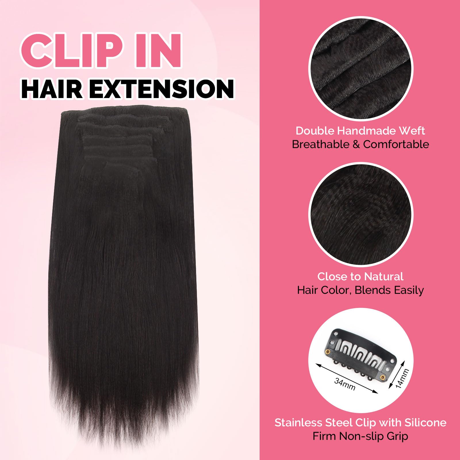 Yuniffe Yaki Straight Clip in Hair Extensions for Black Women Real Human Hair Extensions Clip ins #1B Natural Black Double Weft Remy Yaki Hair Clip ins Extensions 20 Inch 7Pcs 120g - Image 3
