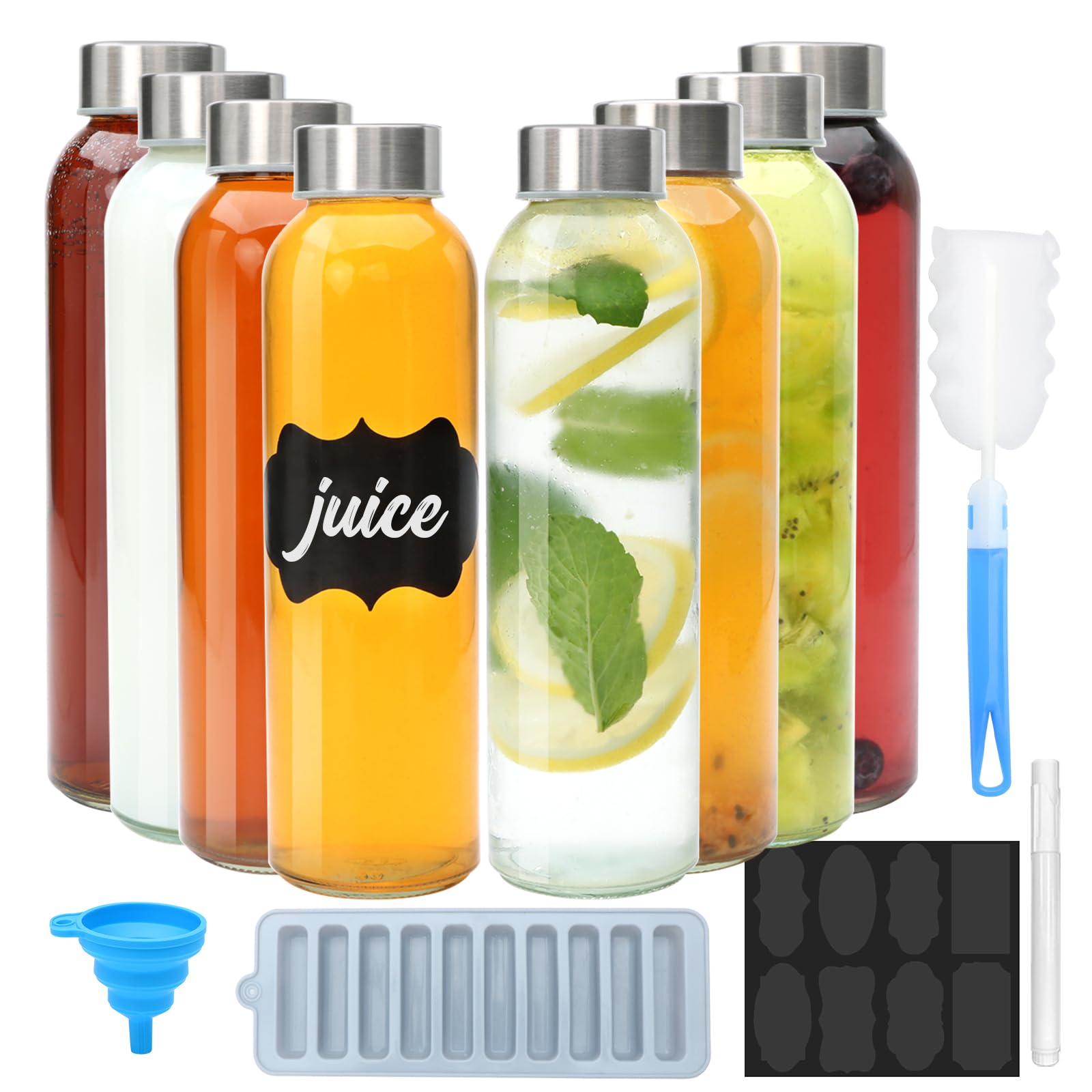 Brajttt Glass Juice Bottle with Lids,16oz Juicing Bottles Reusable, Clear Glass Water Bottles 16 oz with Stainless Steel Airtight Cap,Juice Beverage