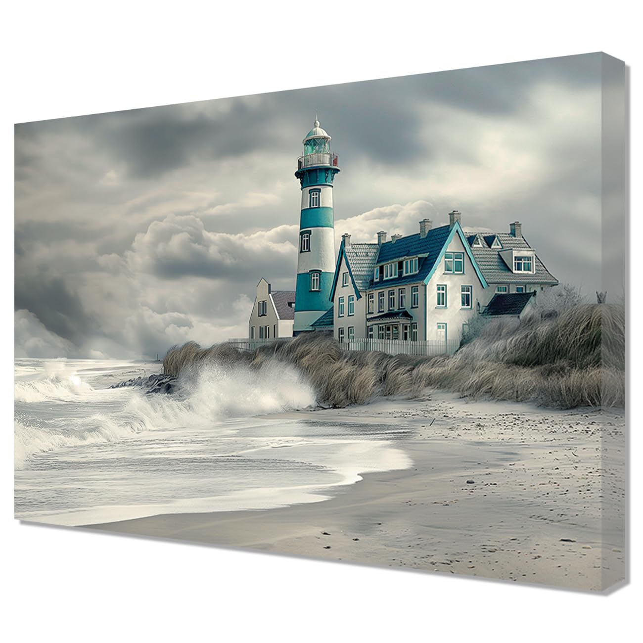 LMYSXAOZ Lighthouse Canvas Wall Art Striped Beach Coastal Seascape Pictures Prints Ocean Waves Painting for Home Decor Framed (16.00" x 24.00")
