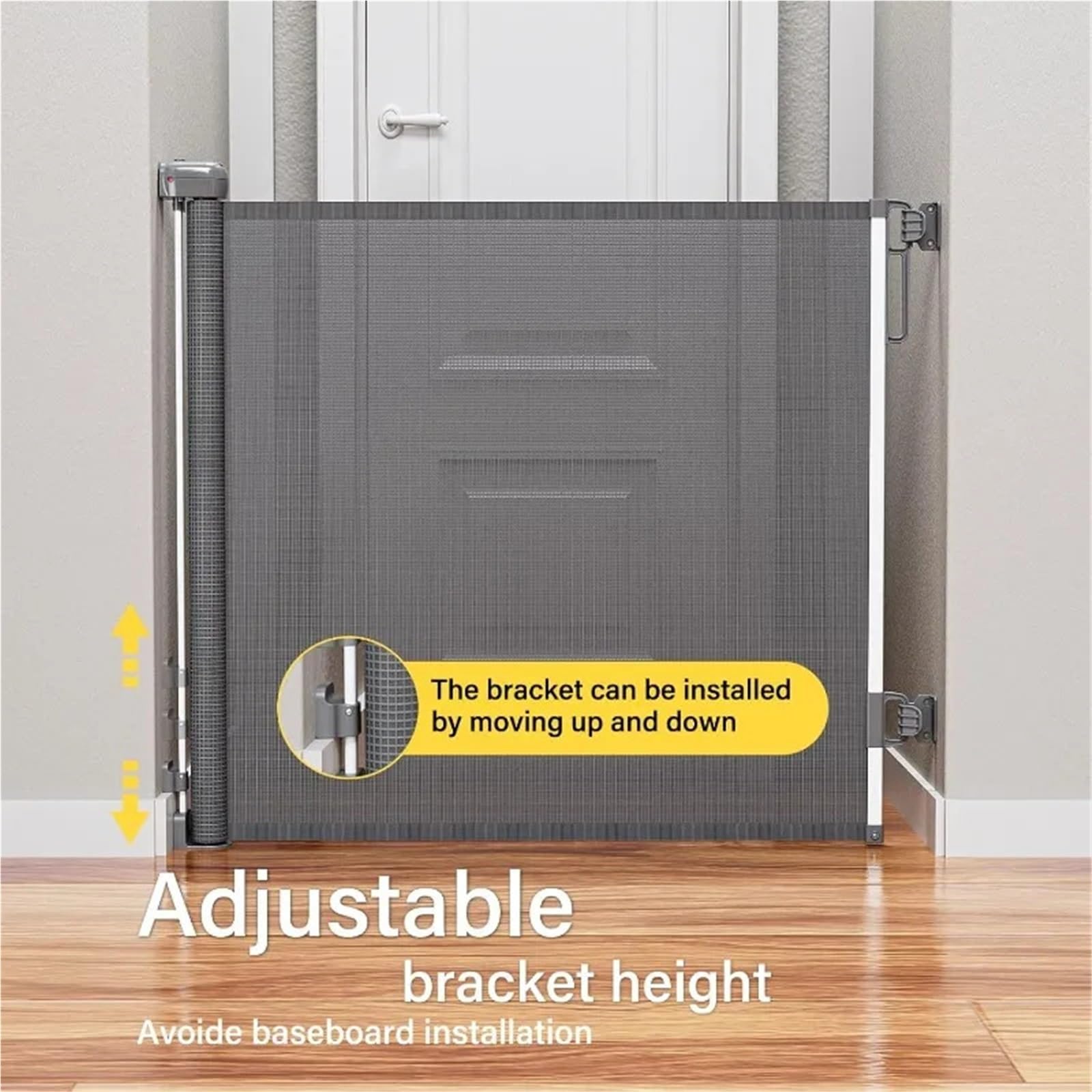 Puerta retráctil para perros para escaleras y puertas, ampliable hasta 54 pulgadas de ancho y 34 pulgadas de alto, malla segura para mascotas y niños pequeños (gris)