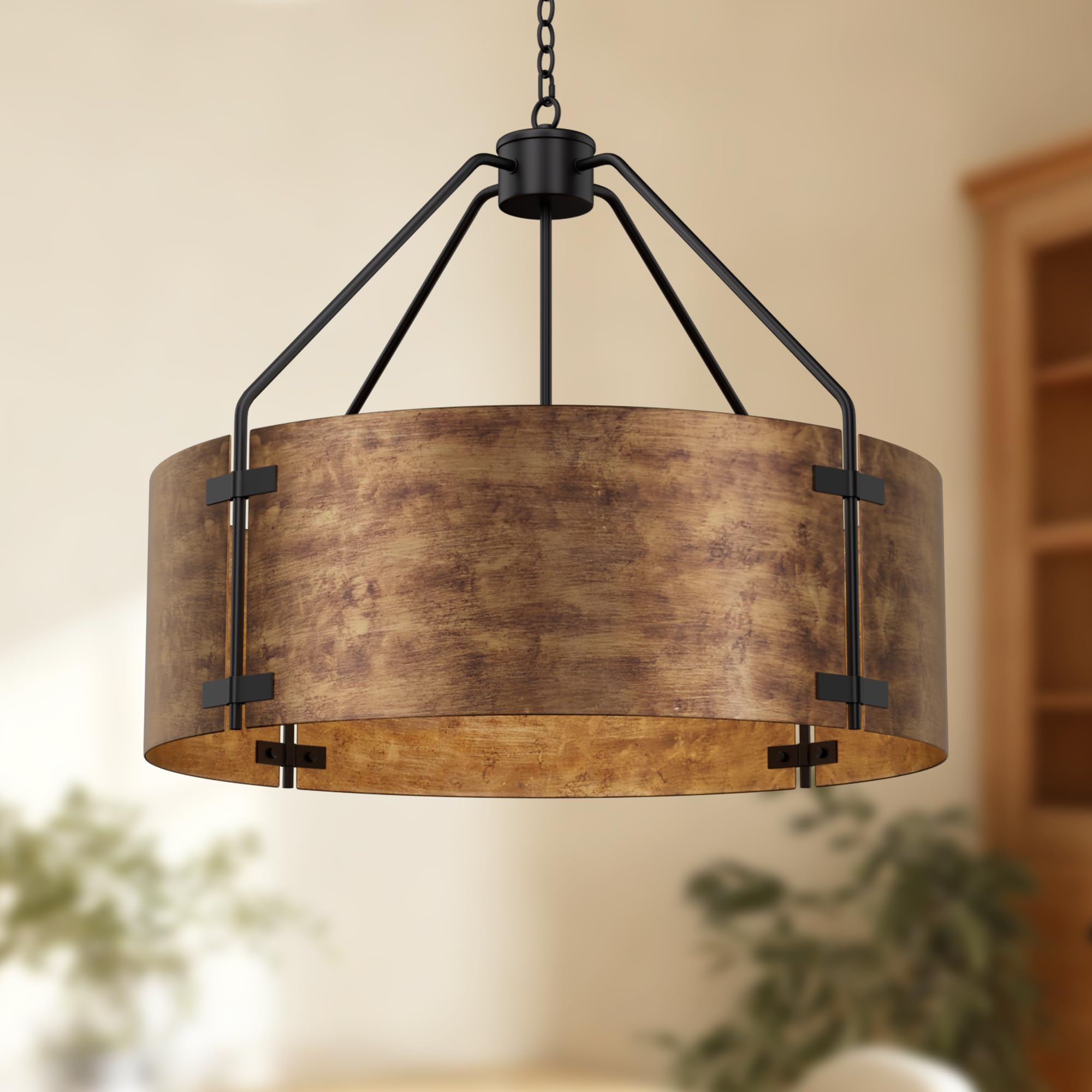Espird Farmhouse Drum Chandelier, 4-Light, 22in Pendant Light Fixture with Chain, Kitchen Island Pendant Over Table, Rustic Industrial Chandelier for