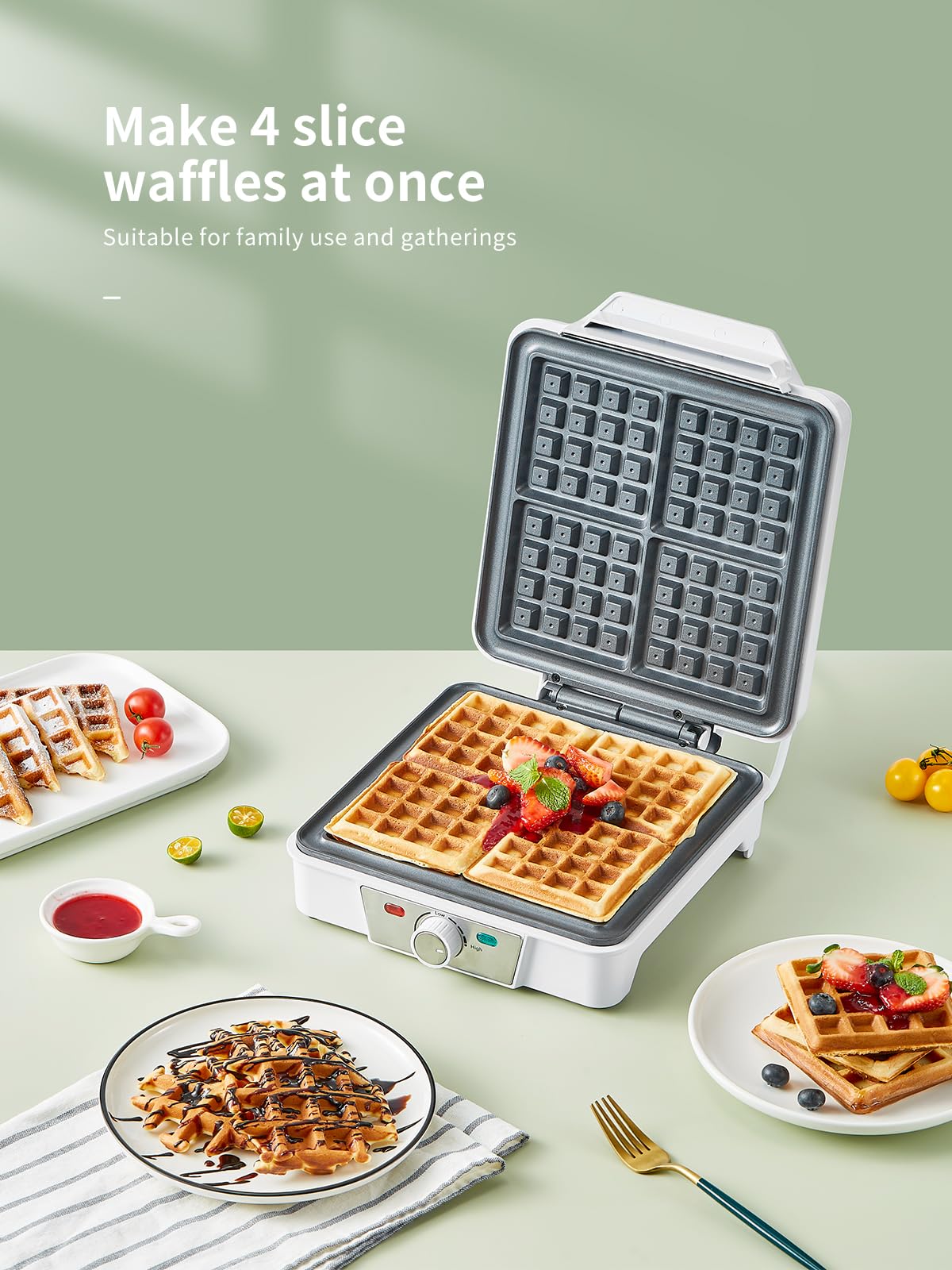 Macchine per Waffle Belgici 4 Porzioni – Waffle Maker 1200W con 5 Livelli di Doratura, Piastra Antiaderente, Anti-Tracimazione e Spie Luminose
