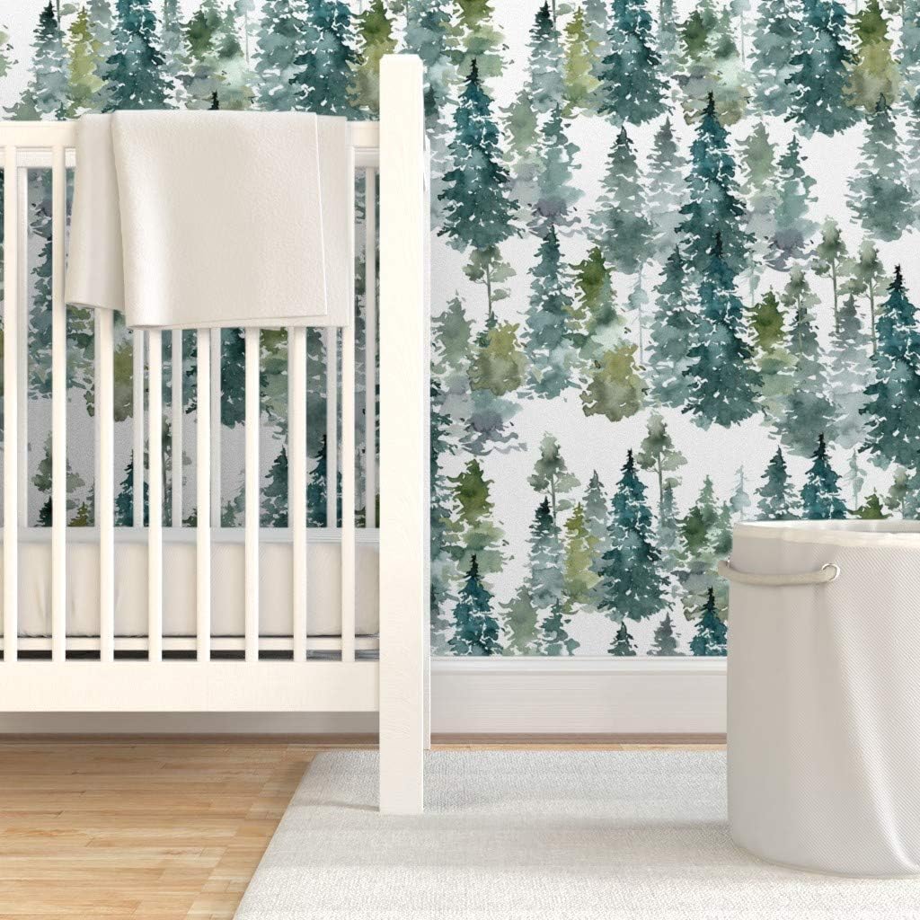 Removable Wallpaper 6ft x 2ft - Woodland Pine Trees White Winter Christmas Snowy Watercolor Green Holiday Forest Custom Pre-Pasted Wallpaper by Spoonflower