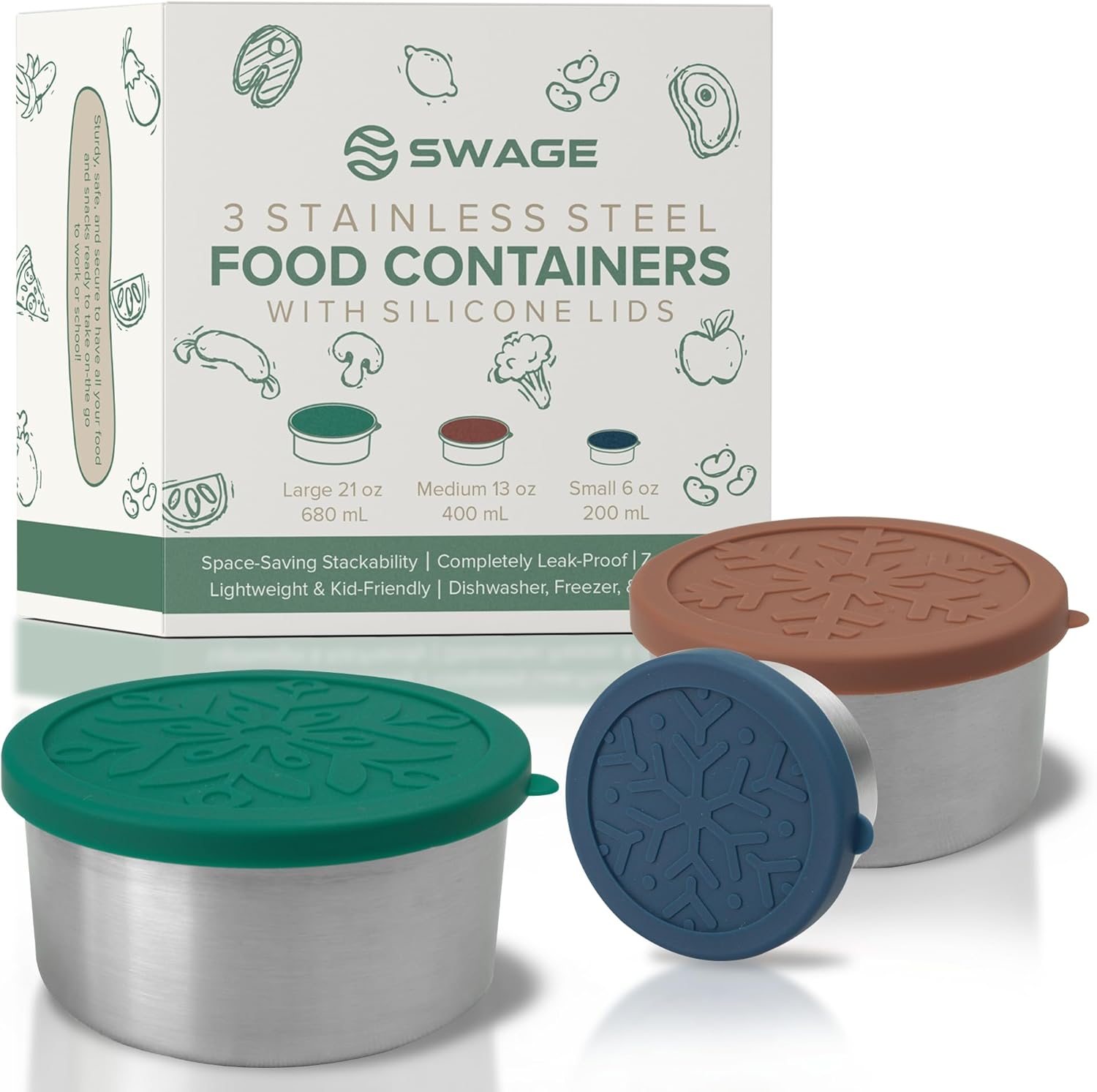 Swage Stainless Steel Containers with Lids (6oz/13oz/21oz