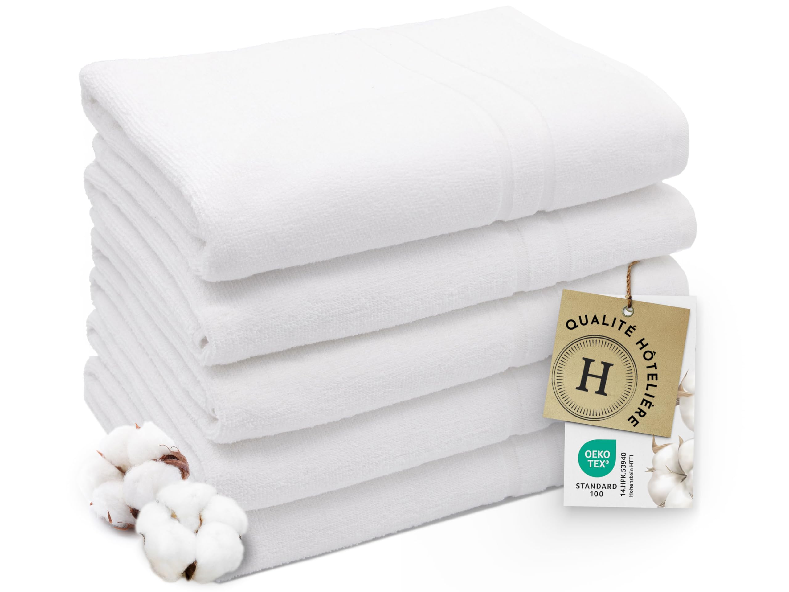 ZOLLNER Lot de 5 Serviettes de Douche en 70x140 cm - Coton - Éponge torsadée Haut de Gamme - Blanc - Qualité hôtelière - Certifié Oeko Tex®