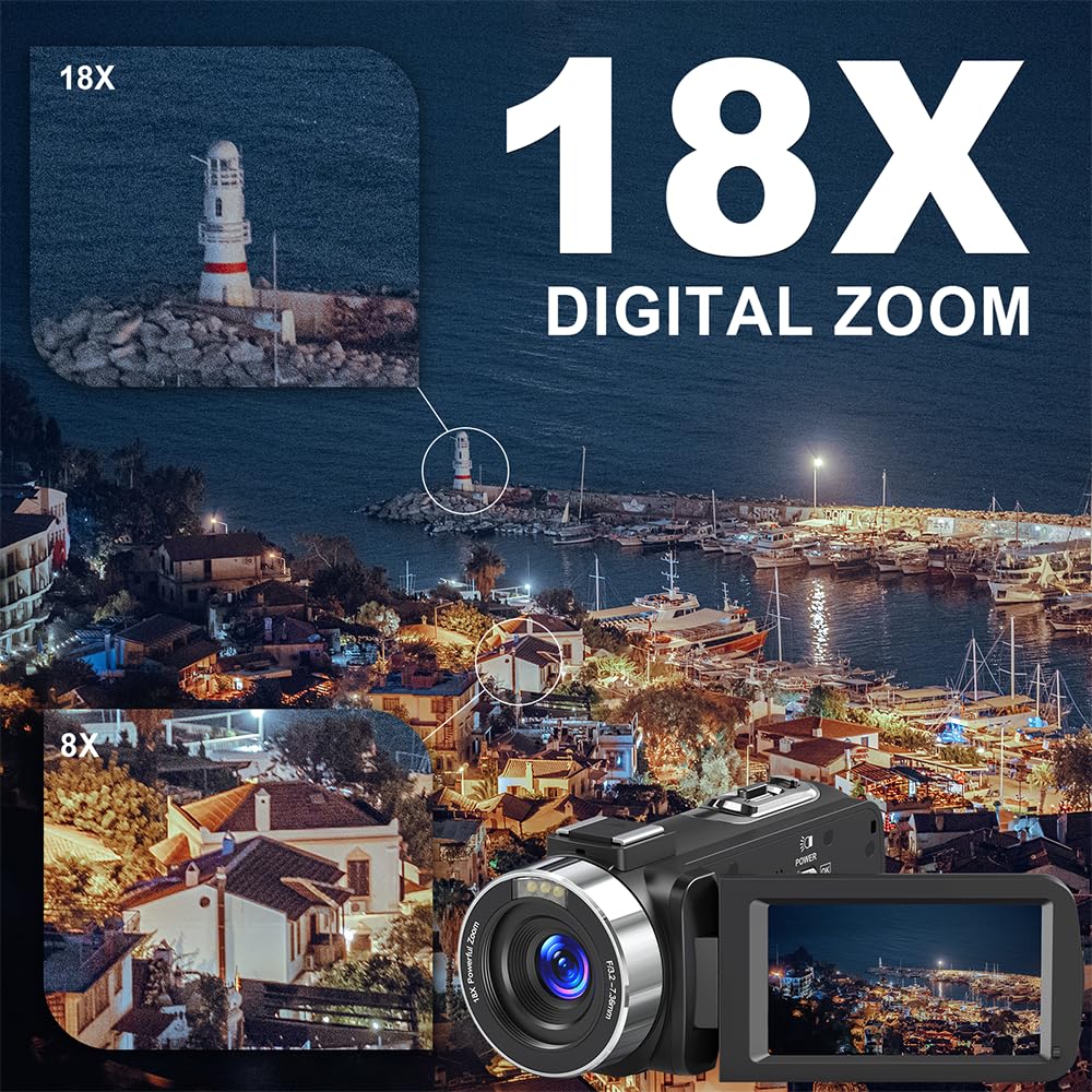 Caméscope 8K 64MP Caméra Vidéo Zoom Numérique 18X WiFi Écran Tactile UHD 3 Pouces IR Vision Nocturne Vlogging avec Carte SD 32 Go