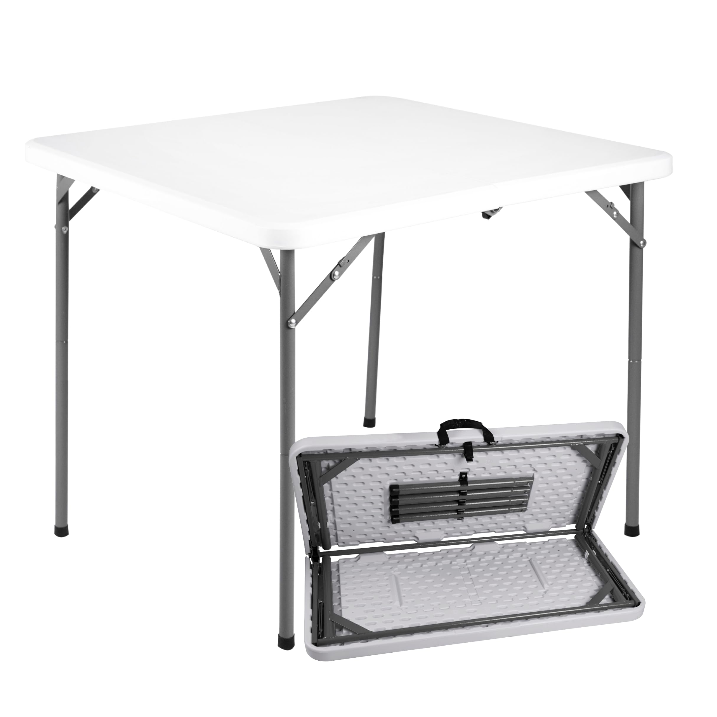 Plastic Folding Table - 86cm x 86cm HDPE with metal legs. Versatile Indoor & Outdoor Solution for All Occasions - Easy Setup, Folds in Half for Compact Storage, with Carry Handle (2Ft8)