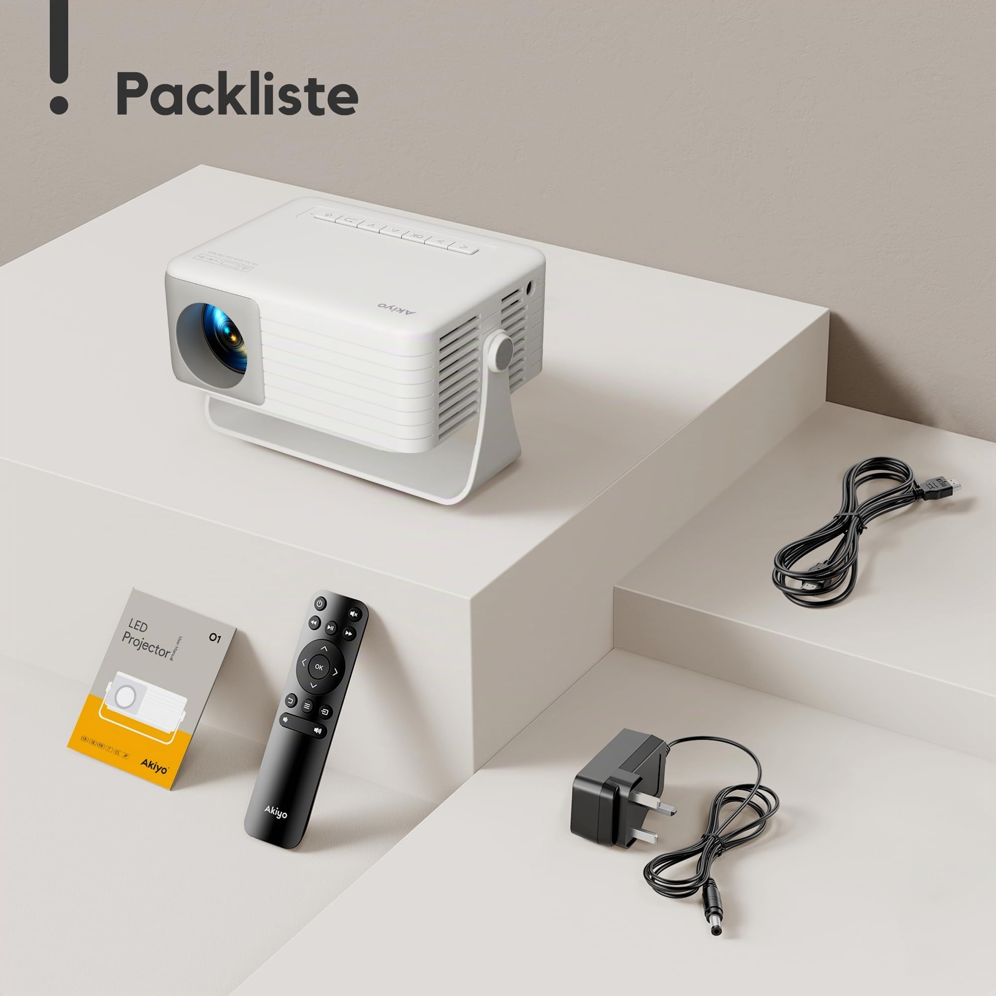 Mini Beamer [Auto Keystone & 2026 Upgraded] AKIYO O1 Beamer Klein 1080P Unterstützt 360° Drehbar, 16000L Projektor für Heimkino, 50% Zoom Outdoor Projektor Kompatibel mit Smartphone/TV Stick/HDMI/USB