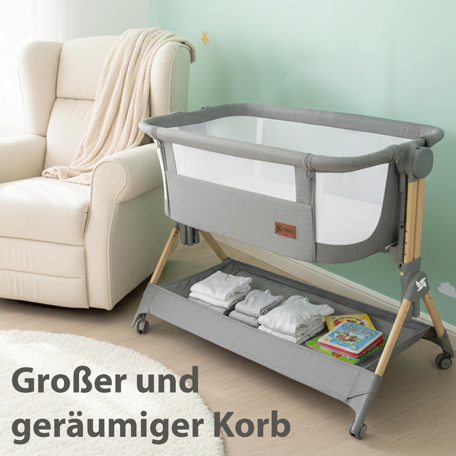 Twinly – Beistellbett Baby Comfortly mit Rollen | Klappbar & Höhenverstellbar (5 Stufen), Atmungsaktiv ab 0+ Monate bis 9 kg, inkl. Matratze, Laken & Tasche – Ohne Montage (Beige) | Höhenverstellbar und Anti-Rückfluss-Funktion, inklusive Matratze, Bettlak