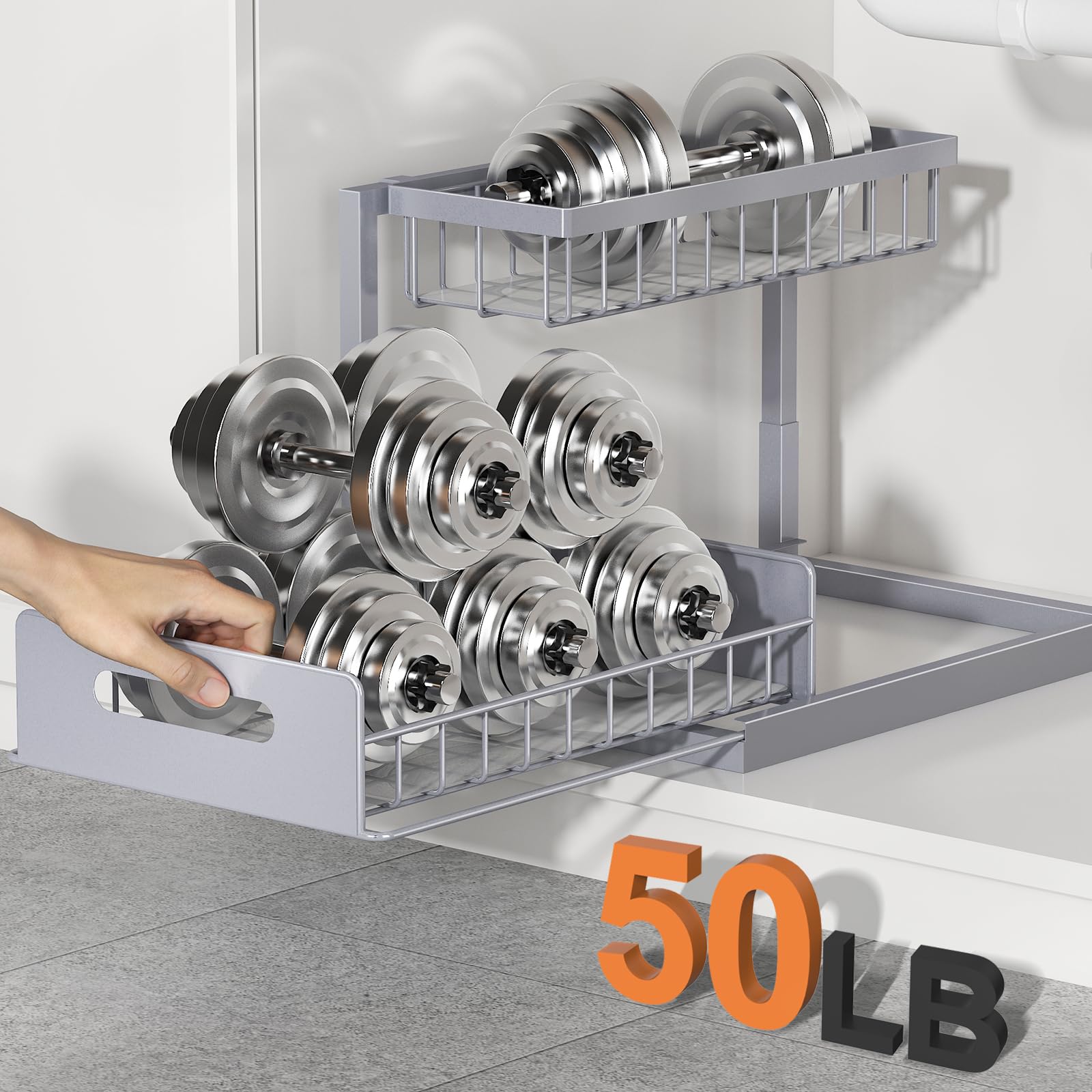 REALINN Organizzatore sotto il lavandino, organizer estraibile per armadietto, a 2 livelli, ripiano per lavello da cucina, bagno, grigio, 1 confezione