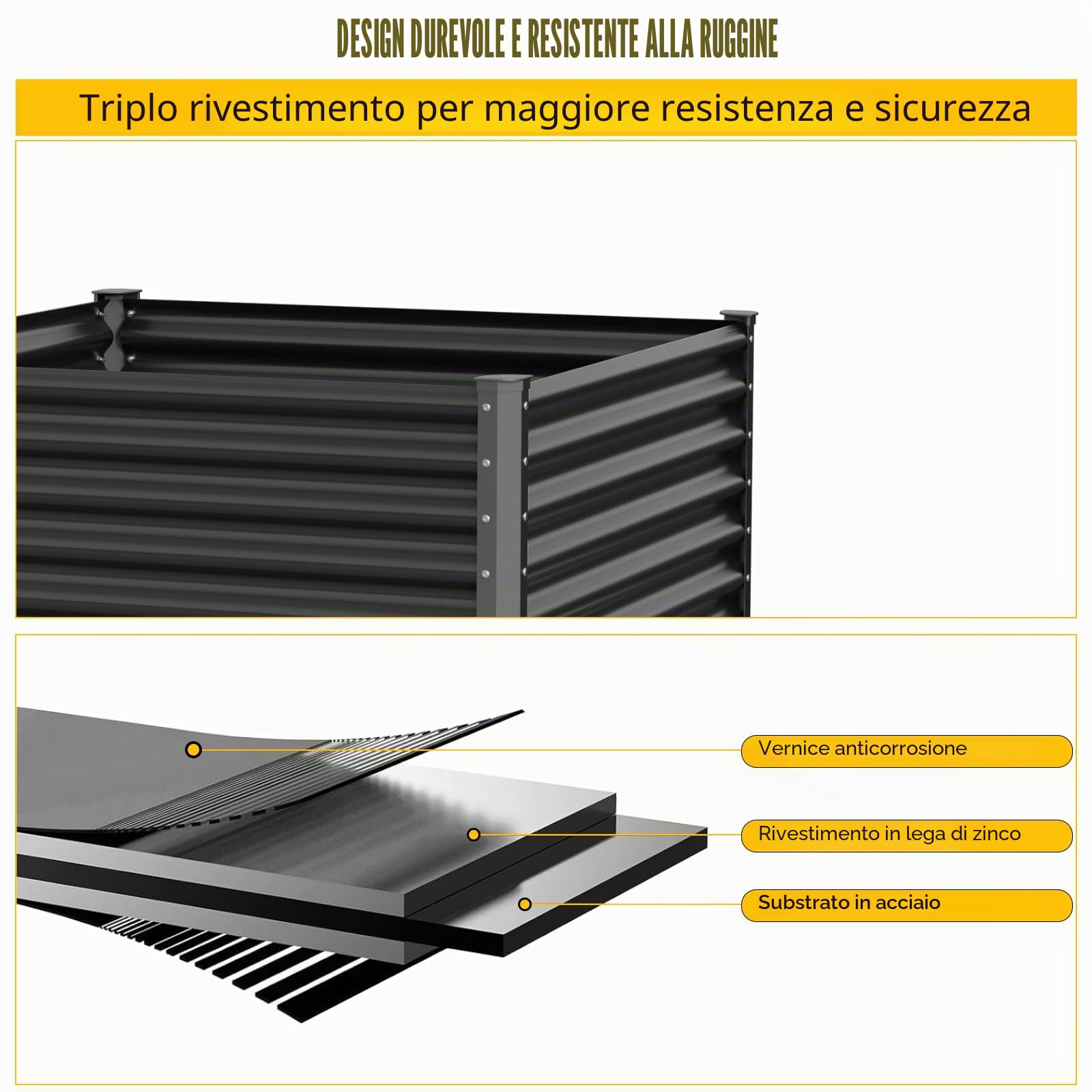 Aiuola rialzata in metallo, 183 x 92 x 61 cm, resistente alle intemperie, in acciaio zincato, rettangolare, per esterni, giardino, ortaggi ed erbe aromatiche