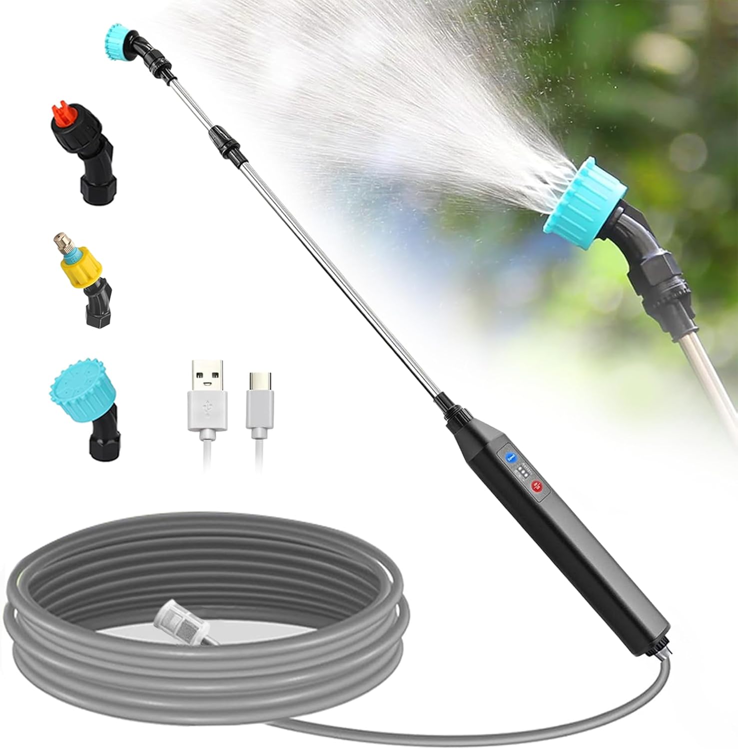 Battery Powered Sprayer Wand,23.6" Electric Sprayer Telescopic Wand with 3 Adjustable Spray Forces Portable Garden Sprayer with 16.4ft Hose 3 Water Hose Nozzle for Lawn and Garden Plant Watering