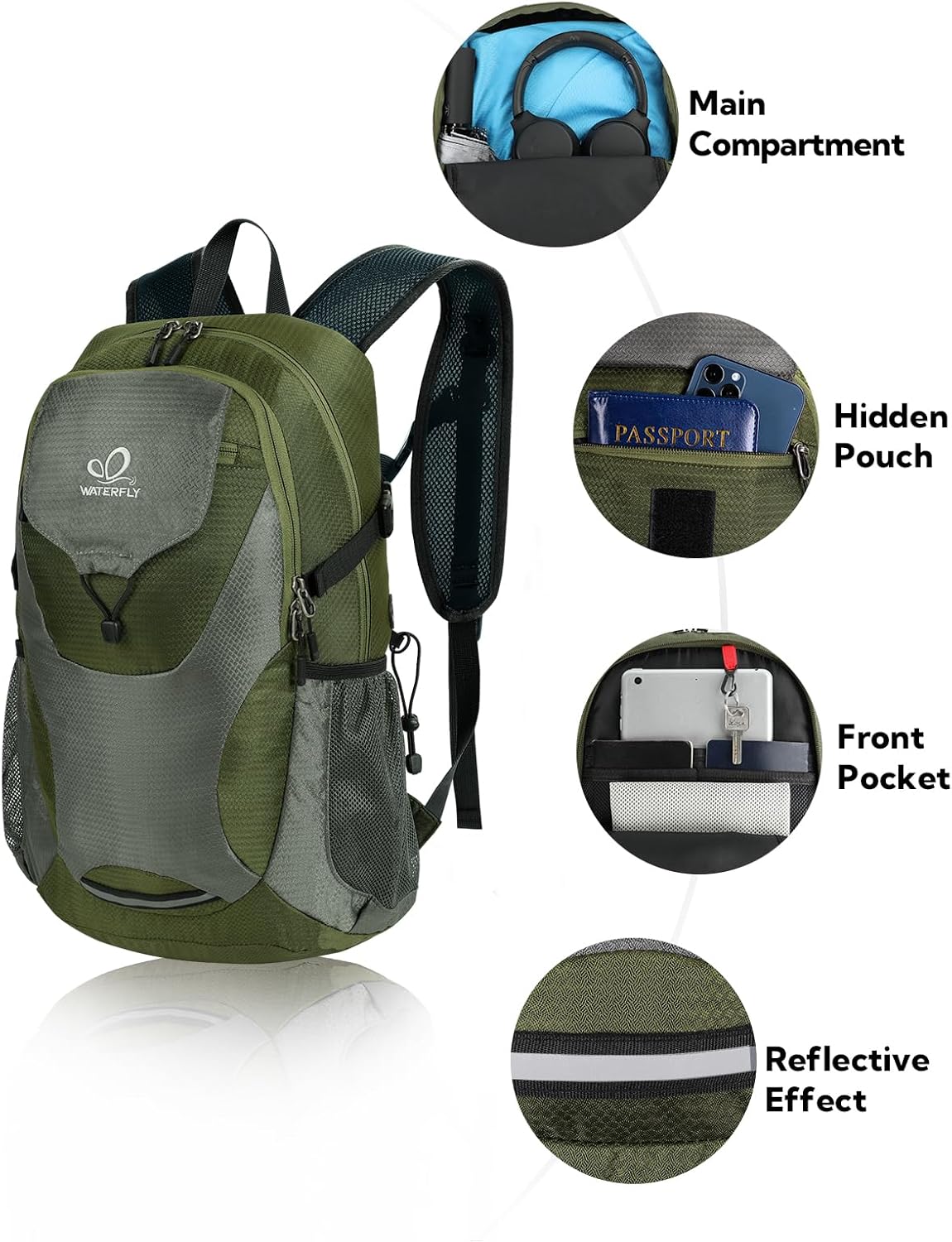 WATERFLY Lightweight Packable Hiking Backpack: 30L Foldable Travel Daypack Ultralight Camping Day Pack for Woman Man - Image 3