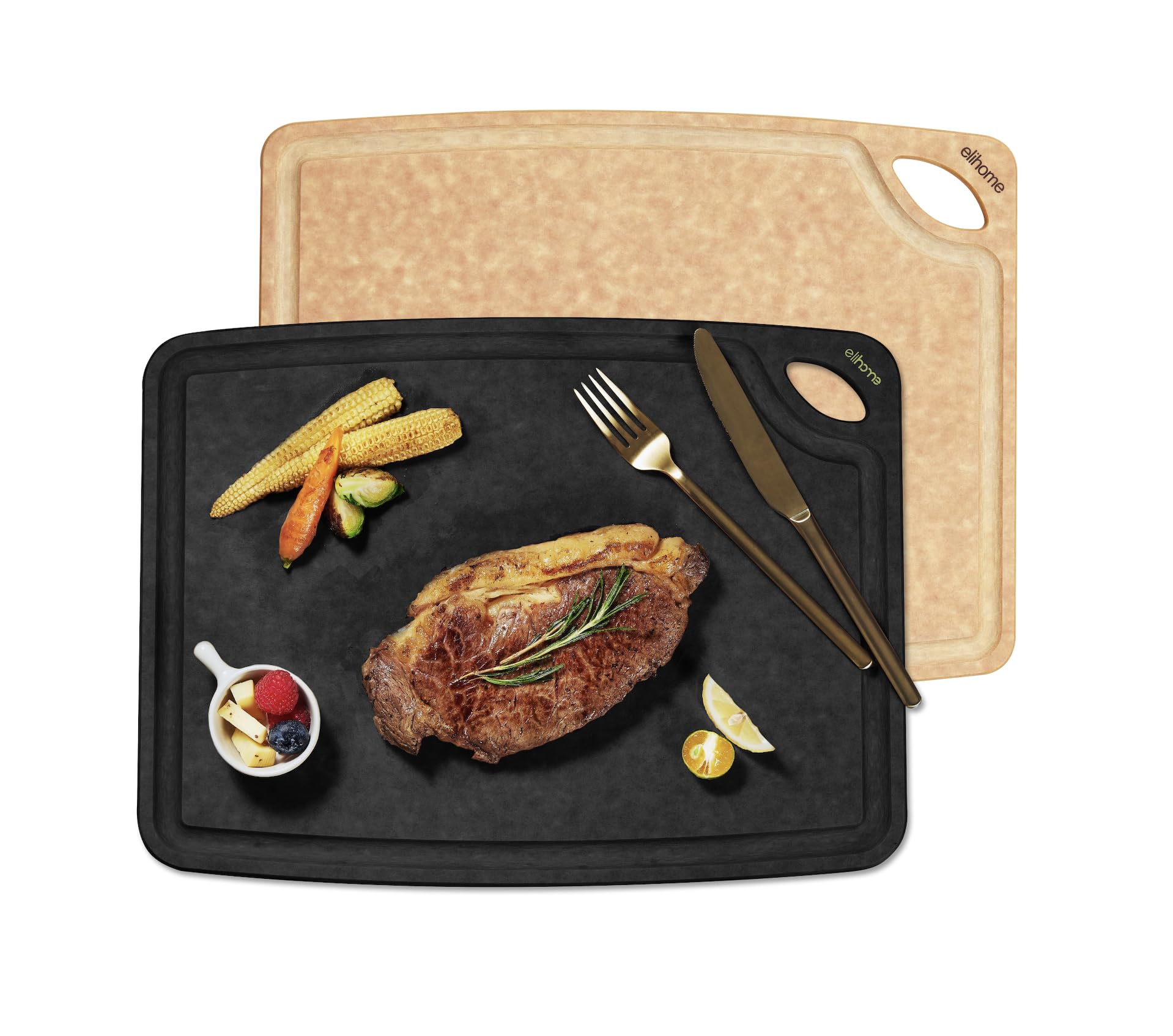 Elihome Classic Series Cutting Boards Set of 2, Natural Wood Fiber Composite, Dishwasher Safe, Eco-Friendly, Juice Grooves, Non-Porous, Made in USA,