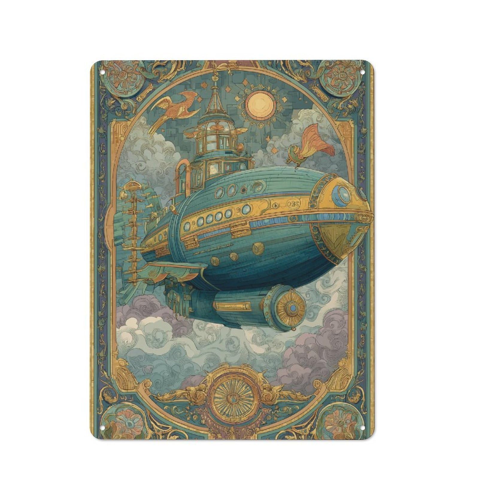 Junmoney Style-13 Steampunk Airship Adventure Rustic Tin Wall Plaque 40X30cm For Guest Room Or Hallway, For Garage, Workshop And Man Cave Decoration