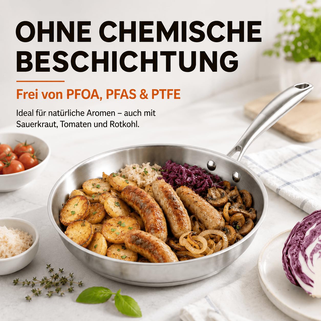 DELARLO Edelstahlpfanne Unbeschichtet 28 cm mit Deckel