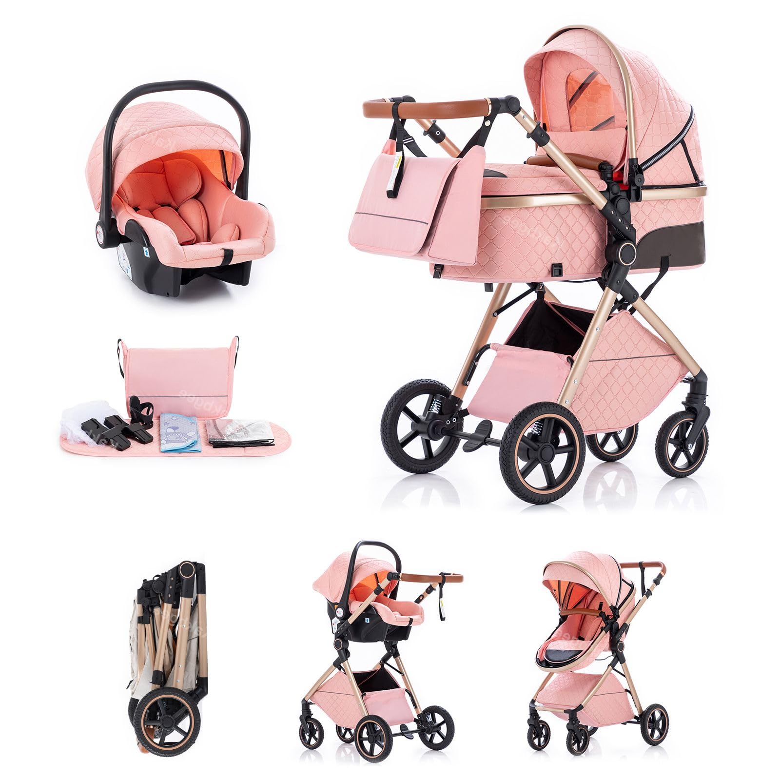 Kakbgee 3 in 1 Kinderwagen mit Babyschale, Faltbar Buggy, 7-fach höhenverstellbarem Griff, 4-Rad Federung, Regenschutz, Moskitonetz, Kombikinderwagen für Neugeborene 0-3 Jahre (15kg), Rosa