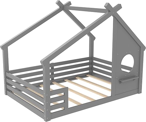 Miniatura 25 de Bellemave Cama individual para niños, cama de madera de pino, camas Montessori para niños, color blanco con estante Blanco,Madera de pino gris,gris