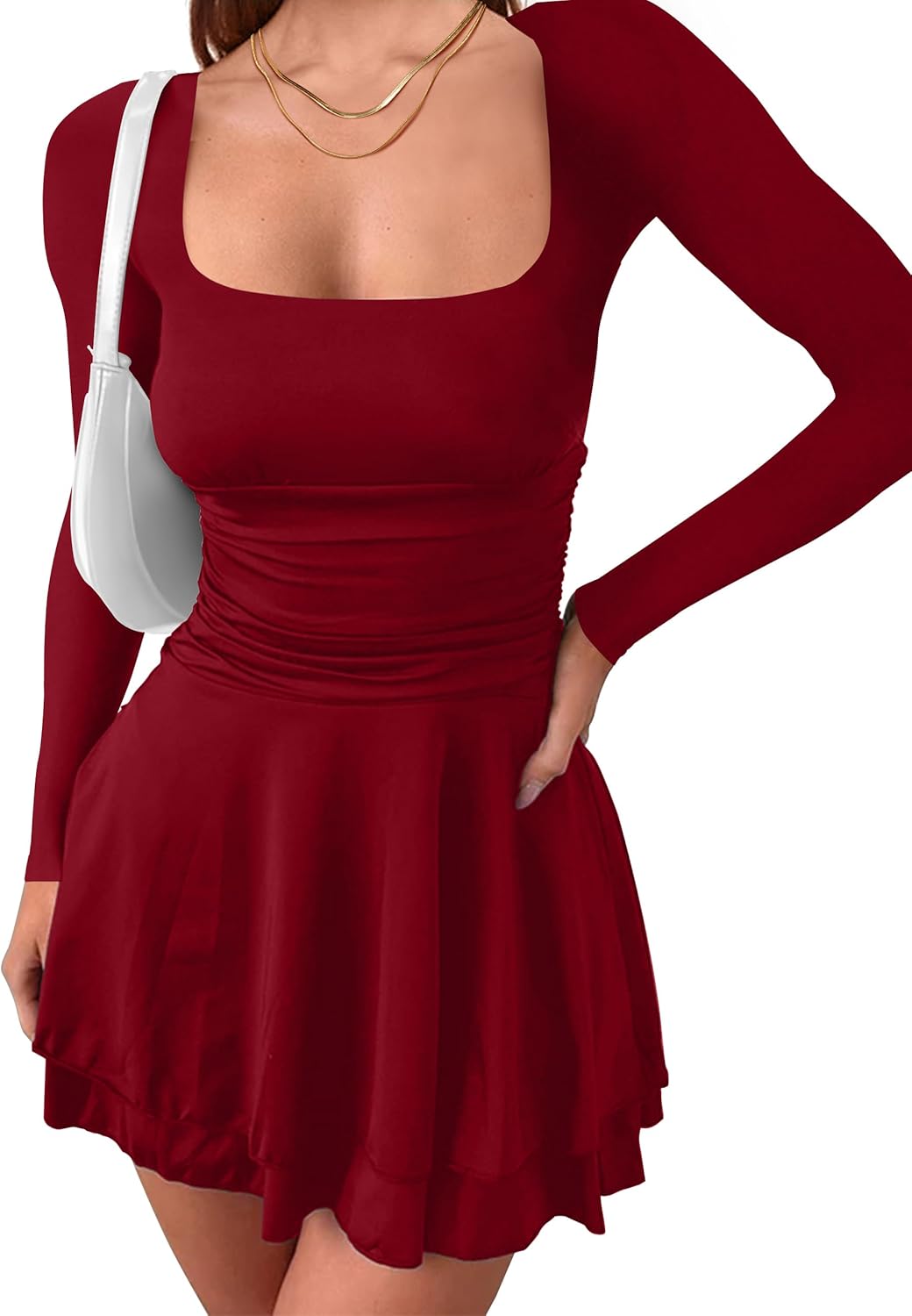 HYPERFIRE Women's Ruched Square Neck Long Sleeve Mini Dress Flowy Short Dresses Party Club - Image 3