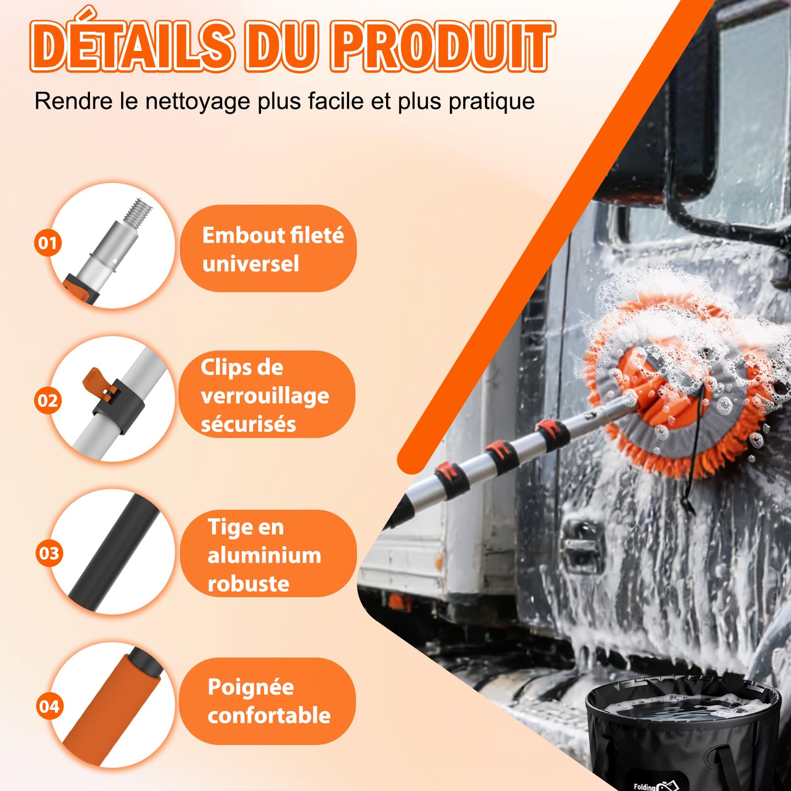 SISUPASSIE Kit de Nettoyage Voiture 3,6 m, Brosse Nettoyage Voiture Télescopique, Raclette Vitre, Serpillière Microfibre, Brosse à Jantes, Gant de Lavage, Idéal pour Camion, Camping-Car, Bateau