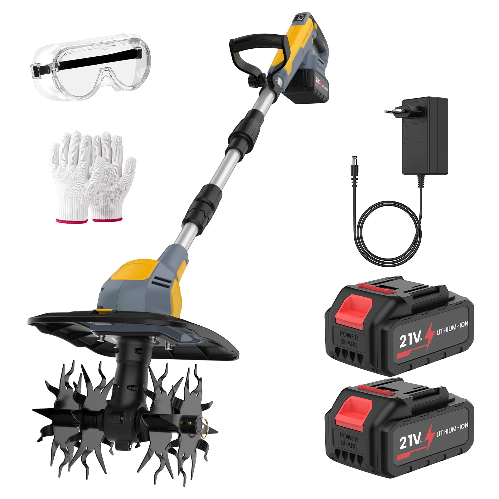 Motoazada Electrica 800W,Motocultor Plegable,Profundidad de Labranza 20 cm, Anchura de Labranza 23 cm, con Pantalla Indicadora de Carga para Labrar Jjardines y Huertos (Dos Baterías)