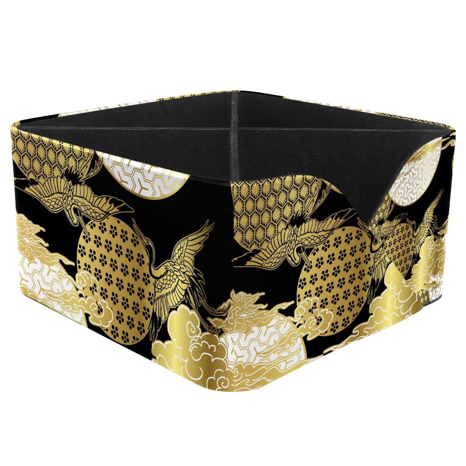 KengjuTesu Black Gold Crane Birds Sky Cloud Japanese Pattern Desktop Organizer Pen Holder, Rectangular Pencil Cup for Office, Study and Makeup Stations