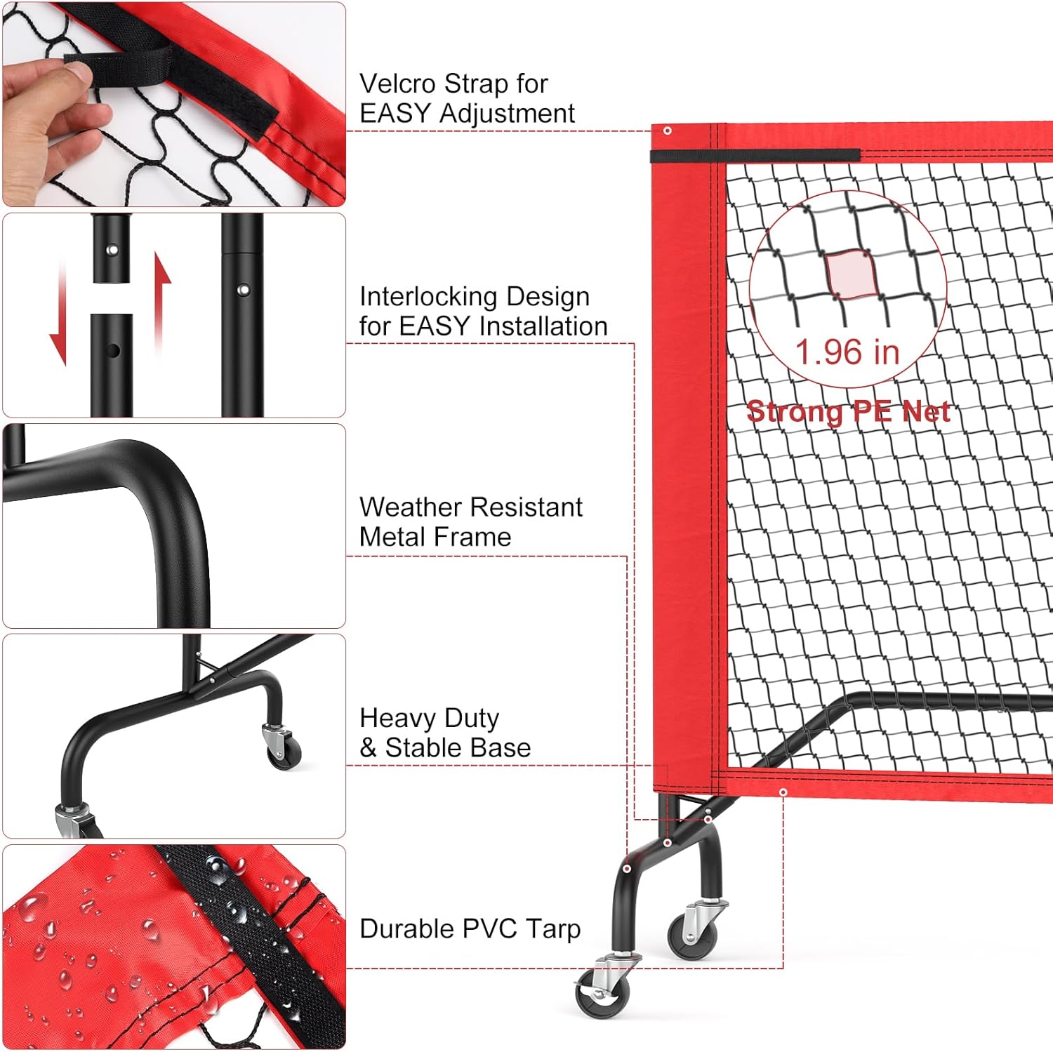 Portable Pickleball Net with Wheels, 22 FT Regulation Size/11 FT Half Court, Weather Resistant Metal Frame and Strong PE Net with Carry Bag and Pickleballs, for Driveway Garages - Black Red
