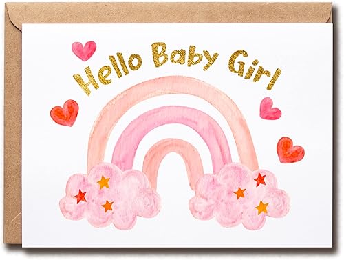 Hello Baby Girl - Tarjeta de baby shower, tarjeta de acuarela arco iris para niña, tarjeta elegante para nueva niña - Tarjeta arcoíris